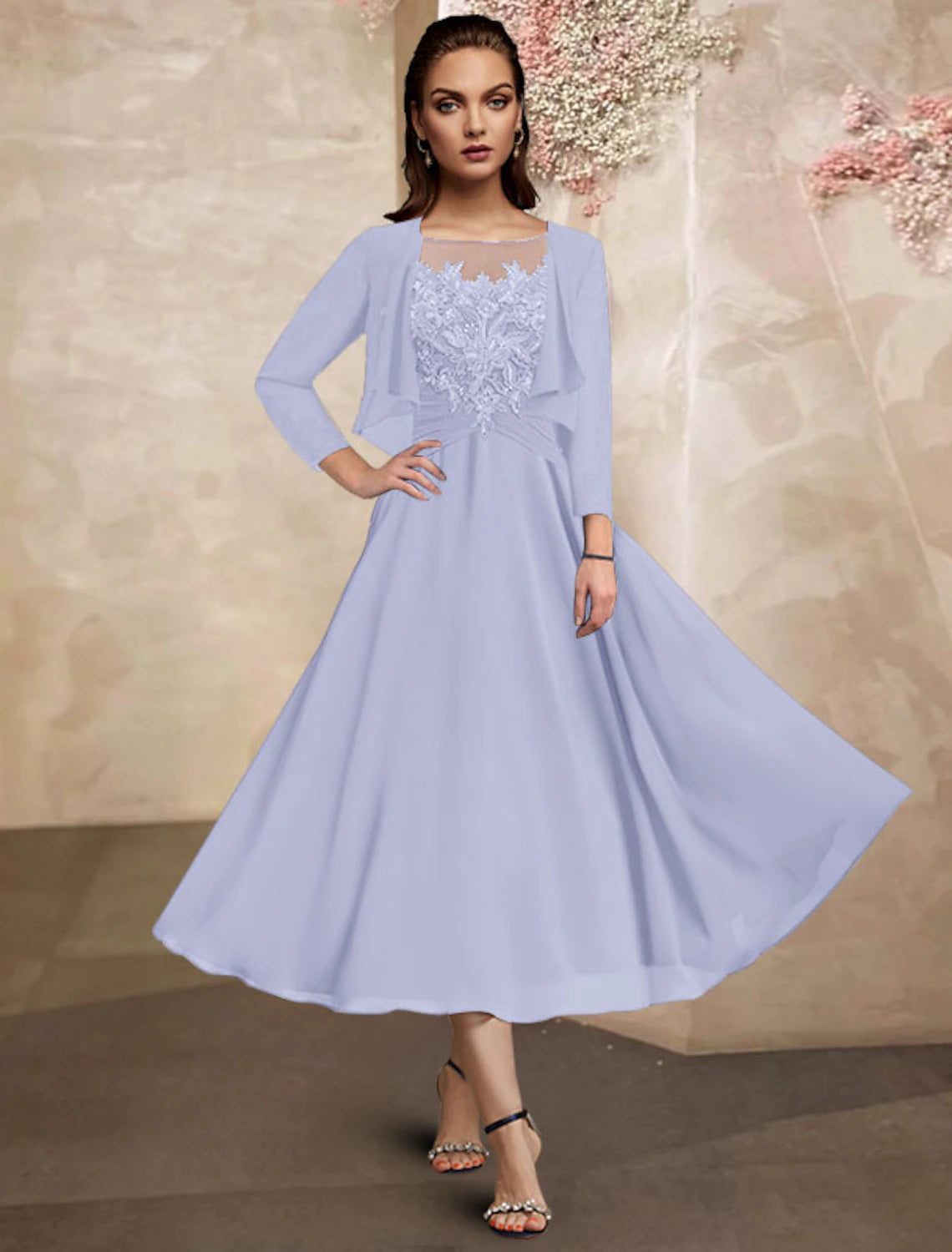 wholesale   Two Piece A-Line Mother of the Bride Dress Plus Size Elegant Jewel Neck Tea Length Chiffon Lace Half Sleeve Wrap Included with Ruched Sequin Ruffles