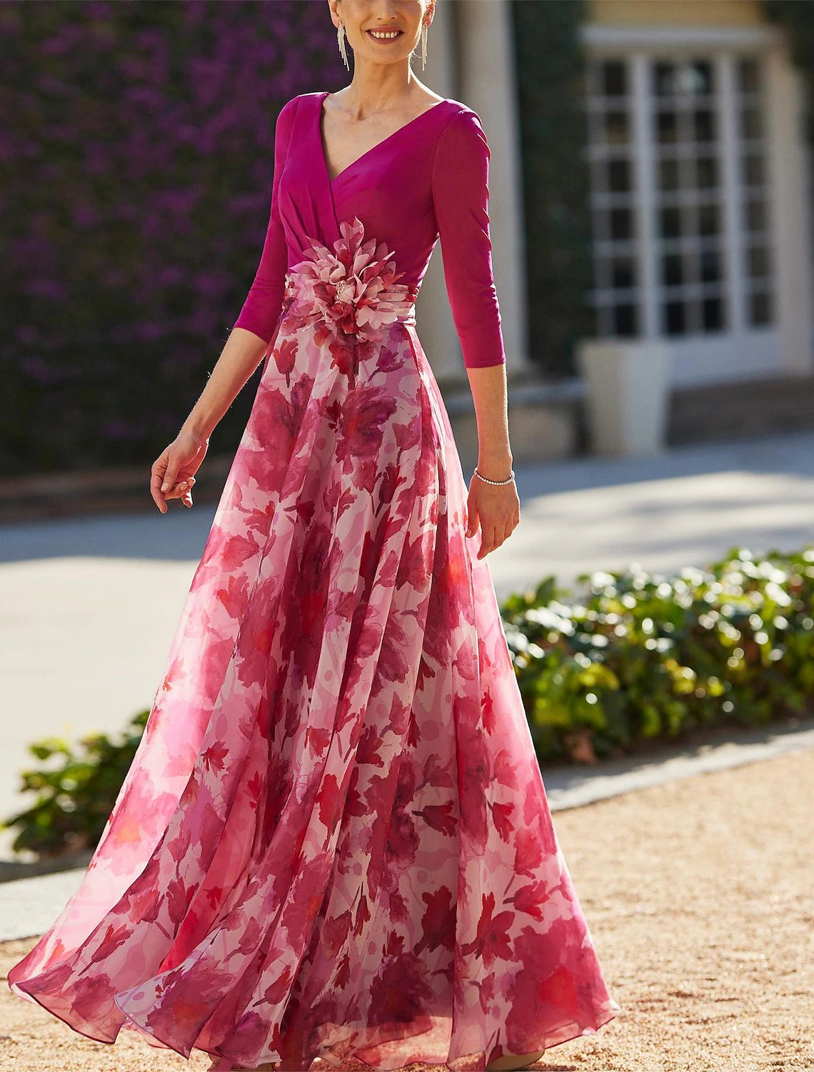 Wholesa A-Line Mother of the Bride Dress Formal Wedding Guest Elegant V Neck Floor Length Chiffon 3/4 Length Sleeve with Flower