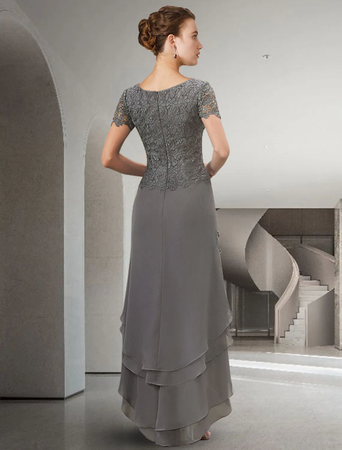 wholesale  A-Line Mother of the Bride Dress Elegant High Low Jewel Neck Asymmetrical Floor Length Chiffon Lace Short Sleeve with Appliques Cascading Ruffles