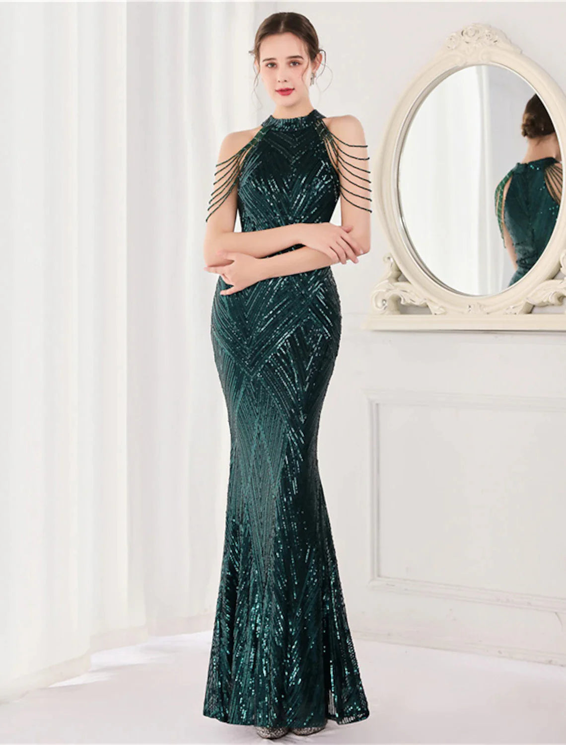 Wholesa Mermaid / Trumpet Prom Dresses Sparkle & Shine Dress Formal Floor Length Sleeveless Halter Sequined with Sequin