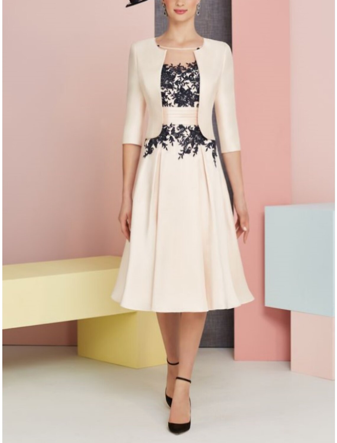 Wholesa  Two Piece Mother of the Bride Dress Wedding Guest Church Vintage Elegant Scoop Neck Knee Length Satin Lace Half Sleeve with Pleats