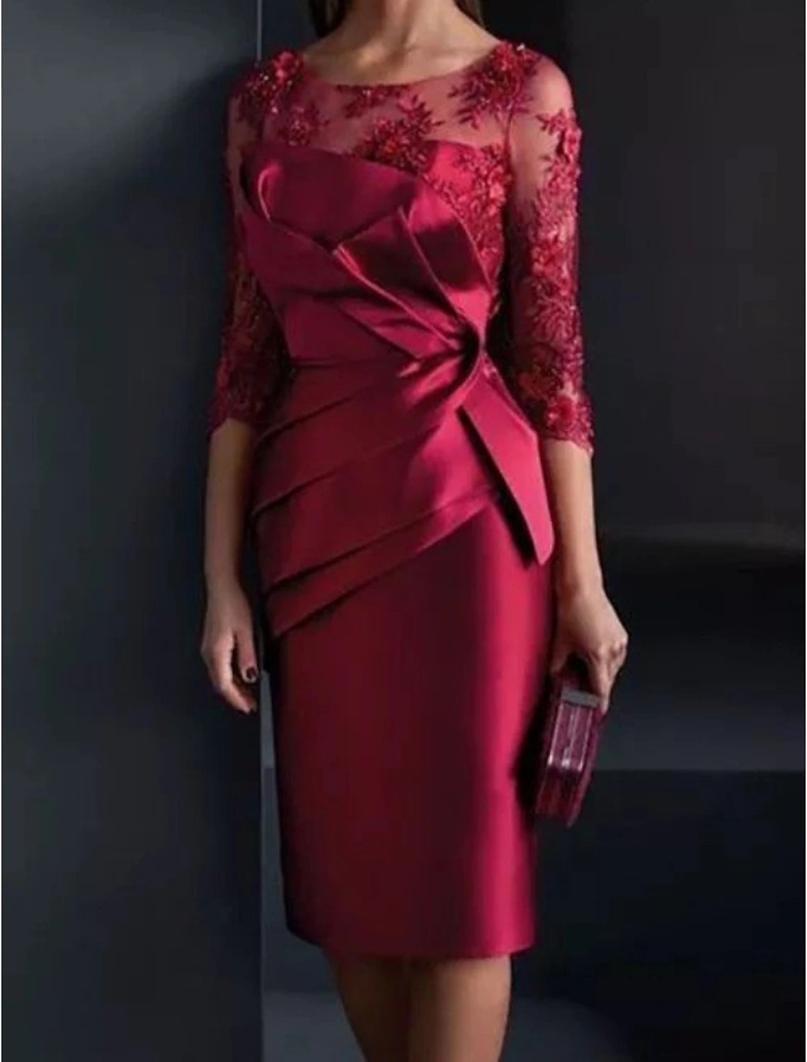 Wholesa Sheath / Column Mother of the Bride Dress Wedding Guest Elegant Illusion Neck Knee Length Satin Lace 3/4 Length Sleeve with Appliques Ruching