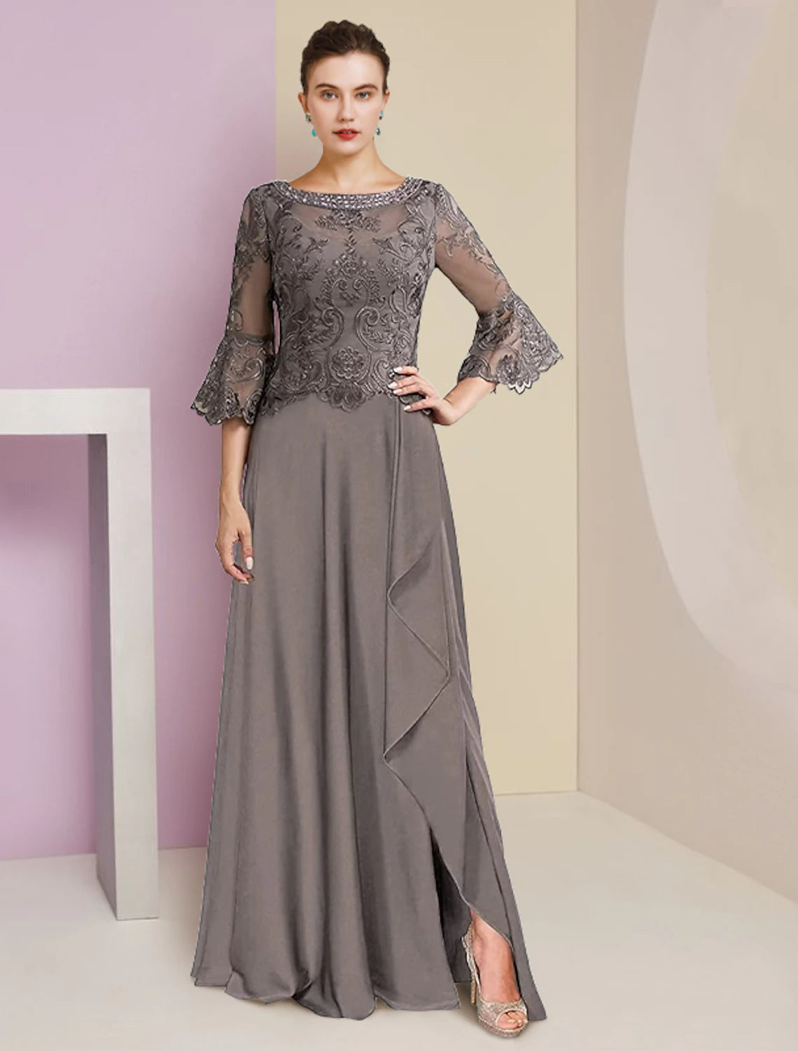 wholesale A-Line Mother of the Bride Dress Formal Elegant V Neck Sweep / Brush Train Lace Stretch Chiffon 3/4 Length Sleeve with Beading Appliques