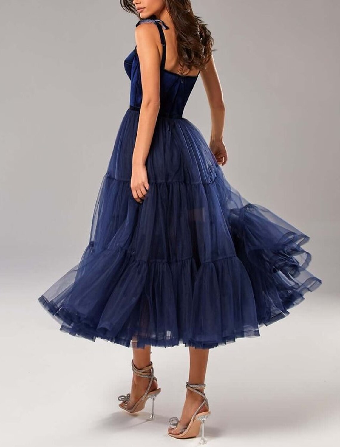wholesale  A-Line Prom Dresses Elegant Dress Wedding Guest Prom Tea Length Sleeveless Strapless Tulle with Pleats Pure Color