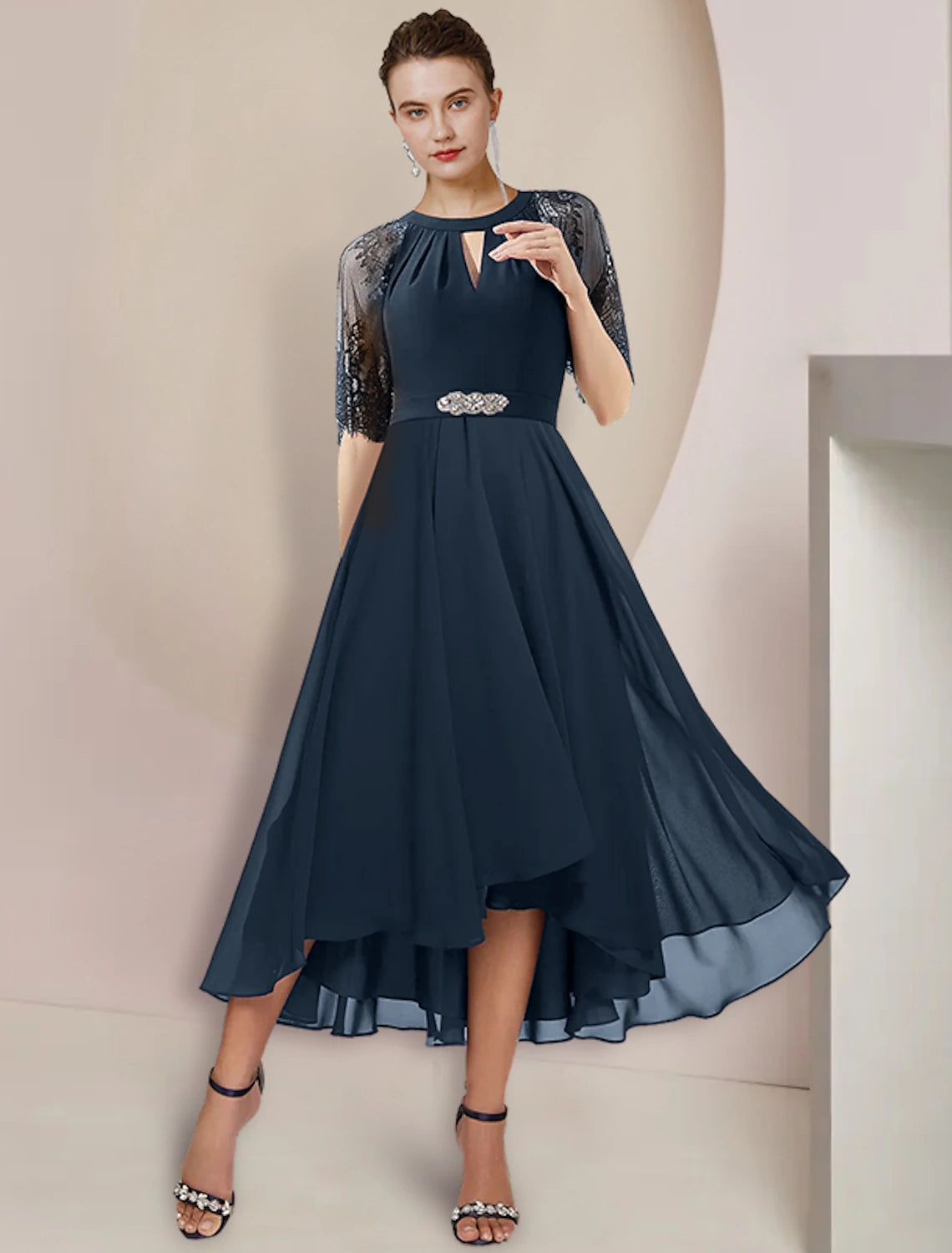 wholesale   A-Line Mother of the Bride Dress Formal Wedding Guest Party Elegant High Low Scoop Neck Tea Length Chiffon Lace 3/4 Length Sleeve with Pleats Crystal Brooch