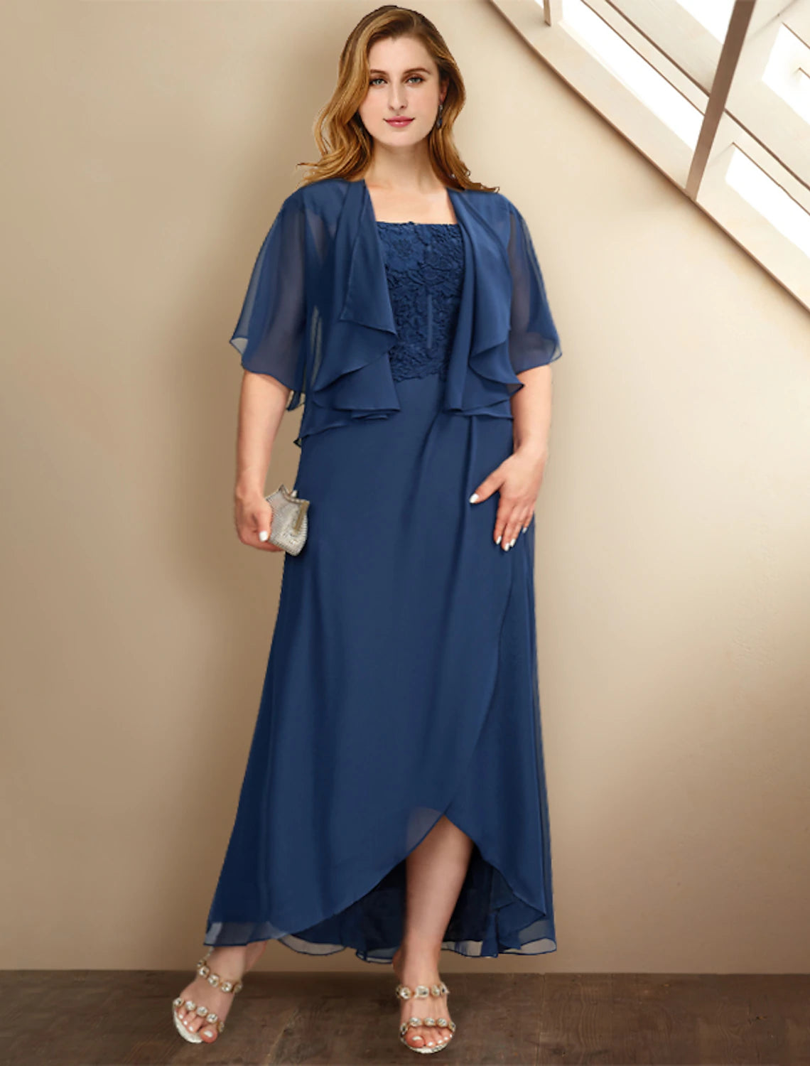 wholesale  Two Piece A-Line Mother of the Bride Dresses Plus Size Hide Belly Curve Elegant Dress Formal Asymmetrical Half Sleeve Square Neck Chiffon with Pleats Appliques