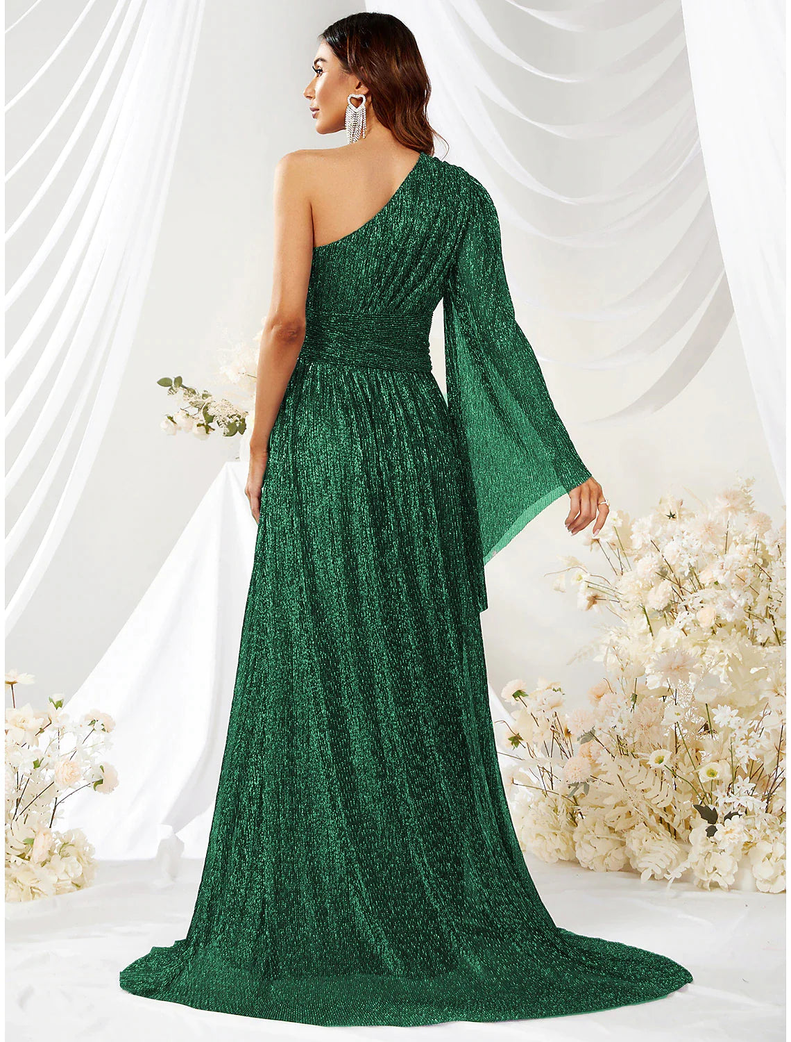 Wholesa A-Line Wedding Guest Dresses Sparkle & Shine Dress Formal Evening Party Sweep / Brush Train Long Sleeve One Shoulder Polyester with Glitter Slit