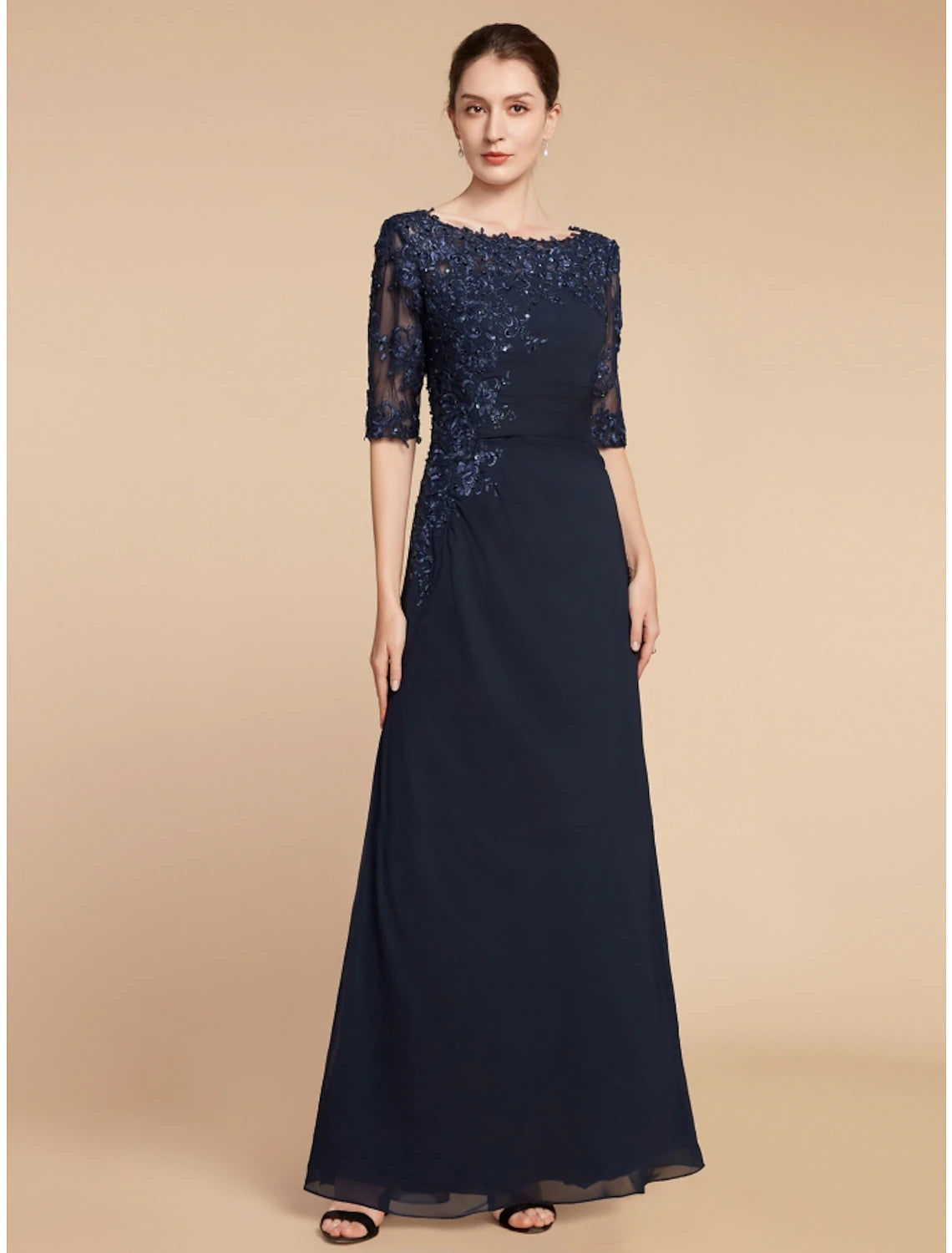 Wholesa Sheath / Column Mother of the Bride Dress Wedding Guest Elegant Scoop Neck Ankle Length Chiffon Lace Half Sleeve with Sequin Ruching Solid Color