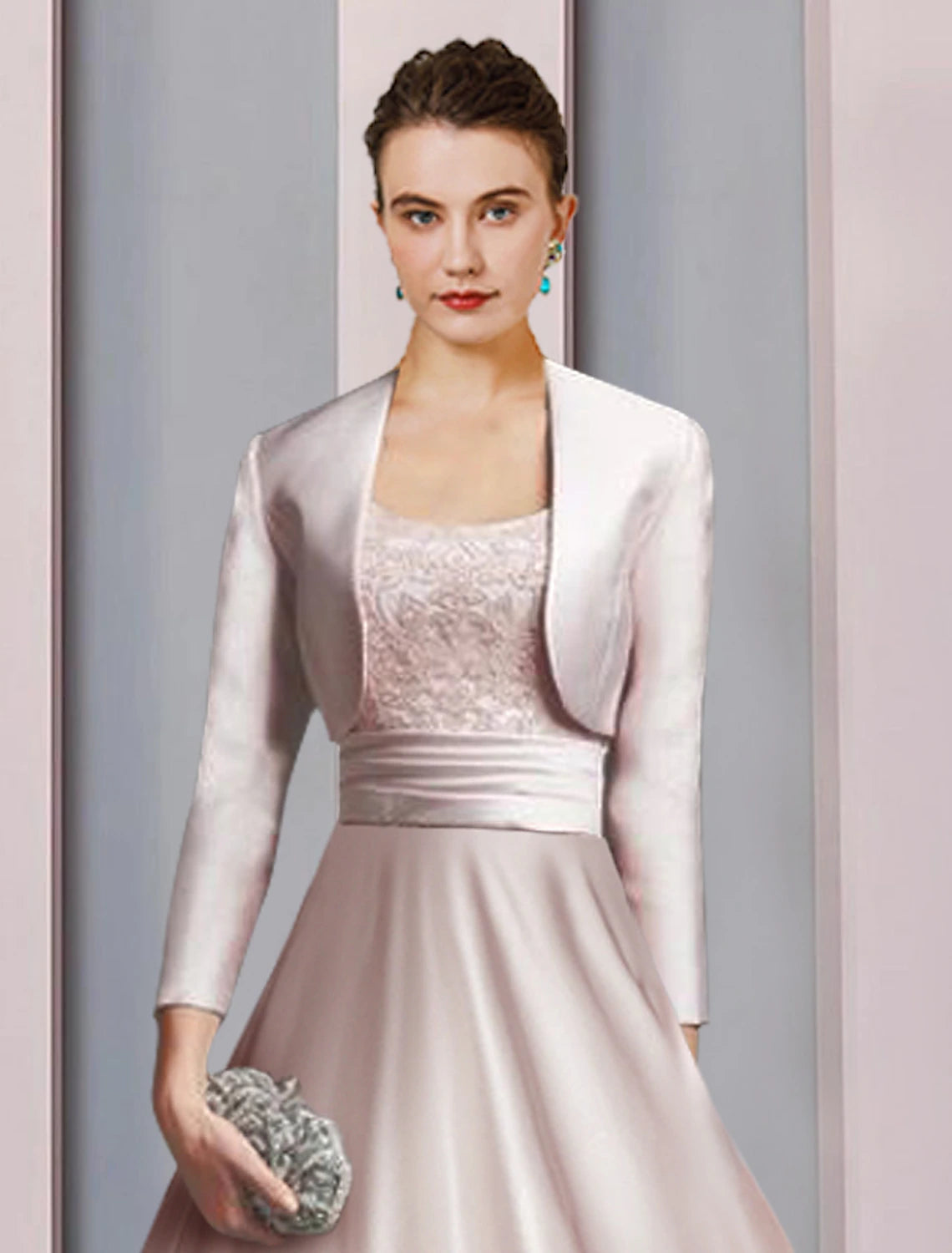 wholesale  Two Piece A-Line Mother of the Bride Dress Formal Church Party Elegant Scoop Neck Tea Length Satin Lace Half Sleeve with Appliques Ruching