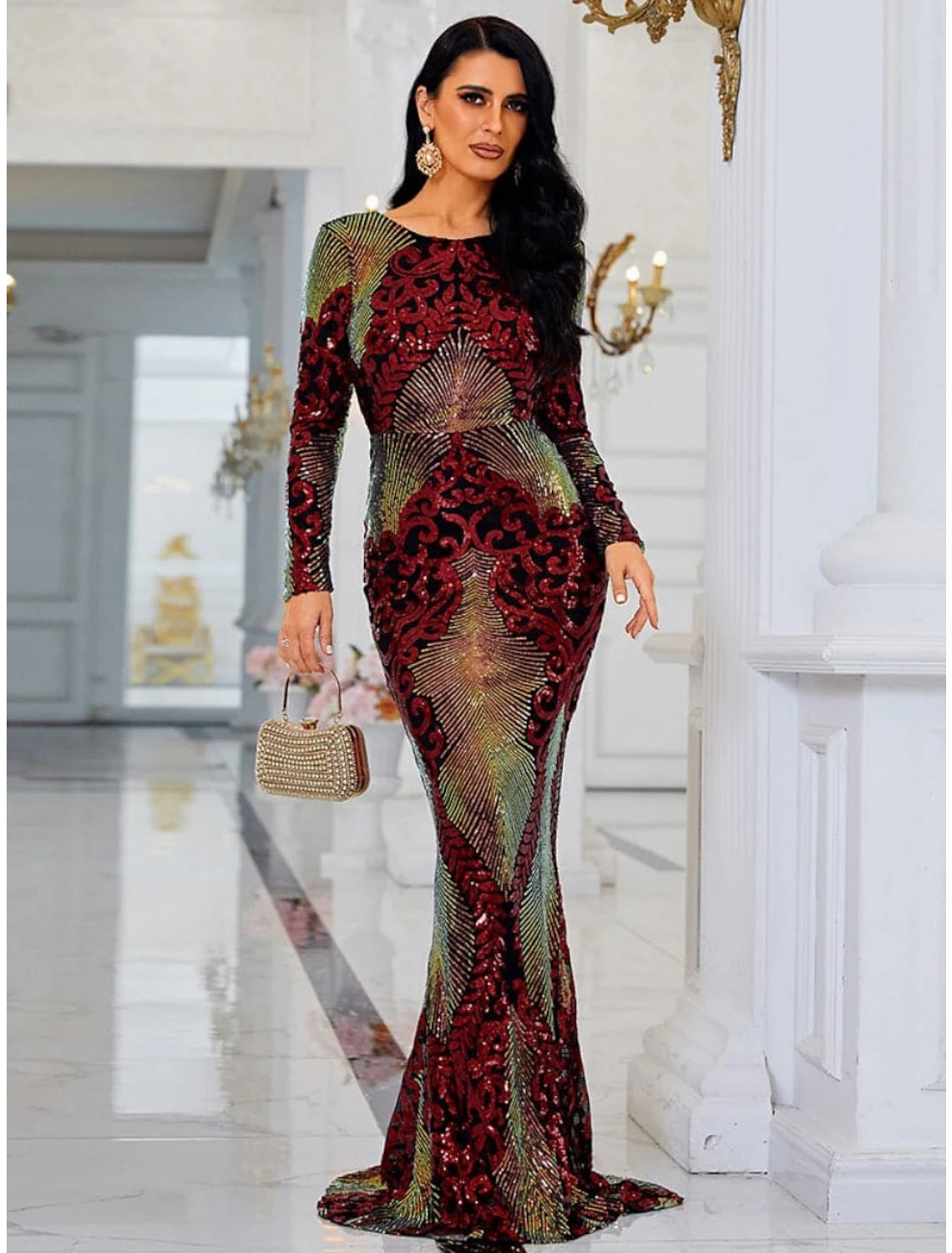 Wholesa Mermaid / Trumpet Evening Gown Elegant Dress Formal Sweep / Brush Train Long Sleeve Scoop Neck Sequined with Glitter Pleats