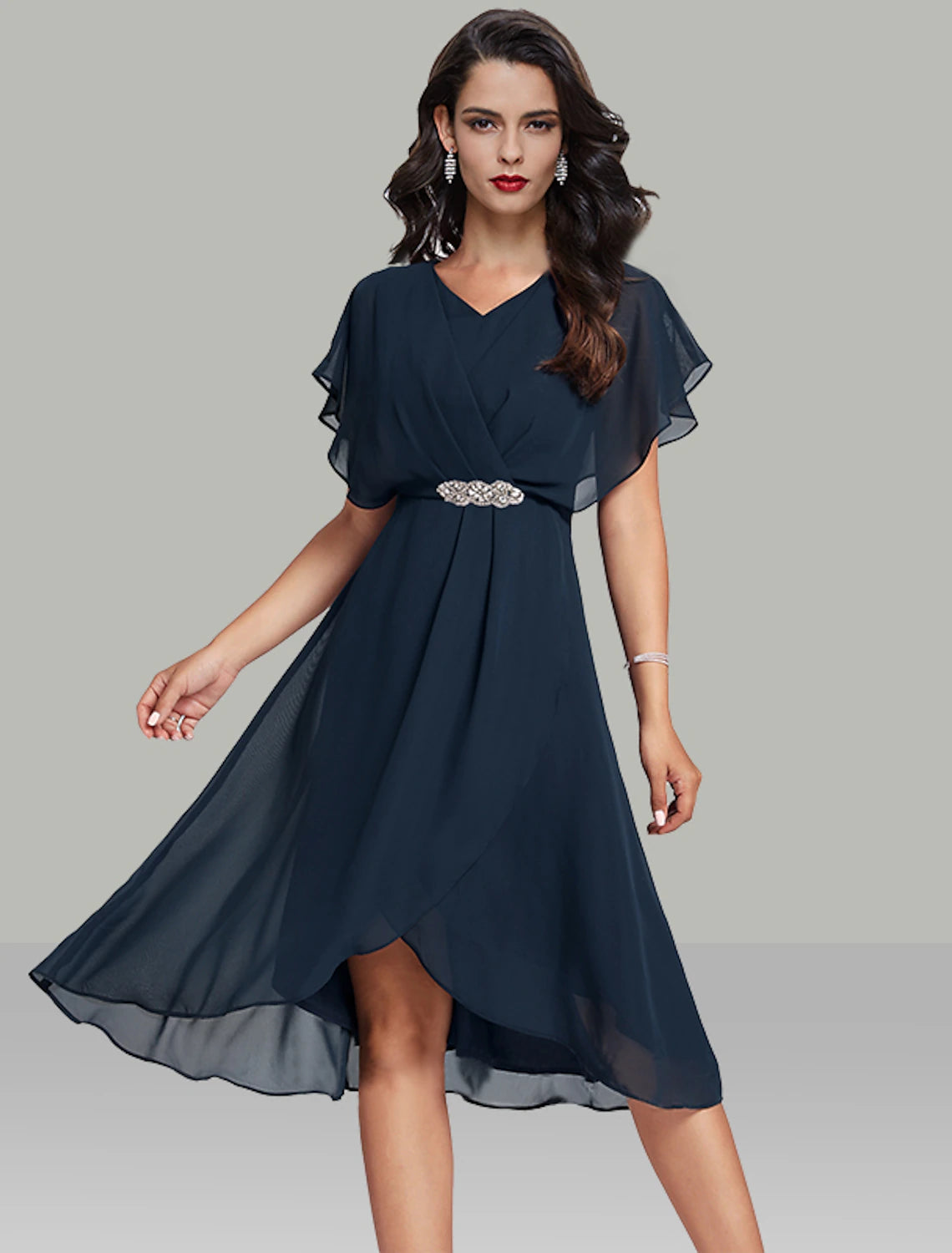 Wholesa  A-Line Wedding Guest Dresses Elegant Dress Semi Formal Tea Length Short Sleeve V Neck Belt / Sash Chiffon with Beading