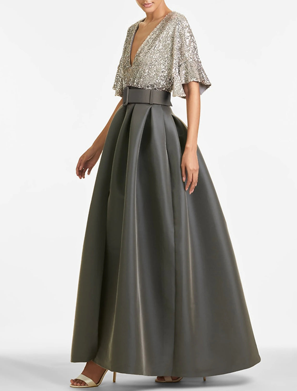 Wholesa A-Line Evening Gown Party Dress Sparkle & Shine Dress Formal Wedding Guest Ankle Length Half Sleeve V Neck Fall Wedding Guest Sequined with Sequin Strappy