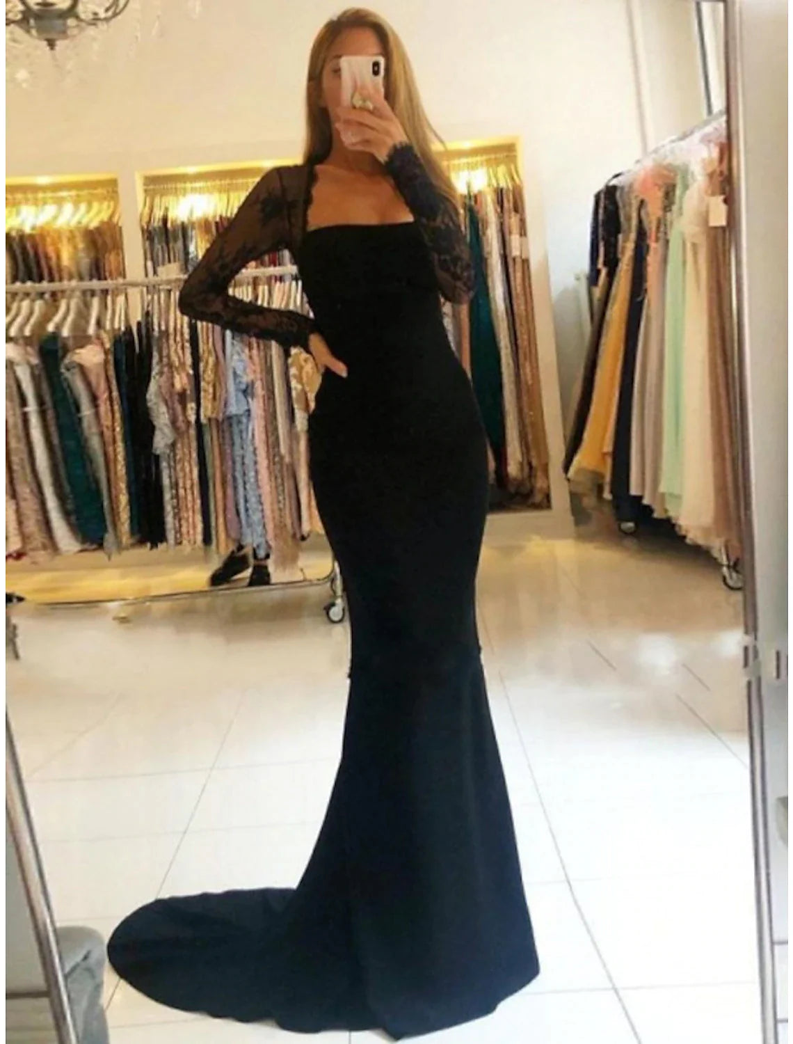 Wholesa Mermaid / Trumpet Prom Dresses Open Back Dress Formal Wedding Guest Court Train Long Sleeve Strapless Stretch Fabric Backless with Beading Appliques
