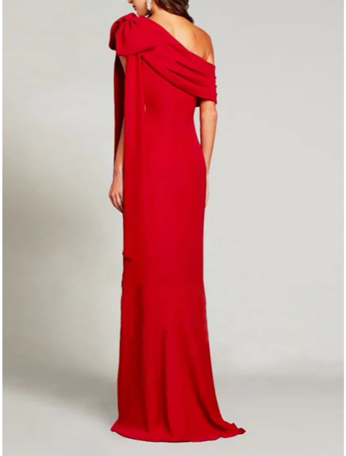 Wholesa Sheath / Column Evening Gown Elegant Dress Formal Sweep / Brush Train Christmas Red Green Dress Short Sleeve One Shoulder Charmeuse with Bow(s) Pleats Slit