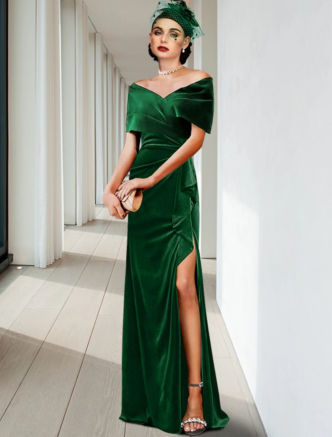 Wholesa Sheath / Column Evening Gown Elegant Dress Wedding Guest Cocktail Party Floor Length Sleeveless V Neck Velvet with Pleats Ruffles