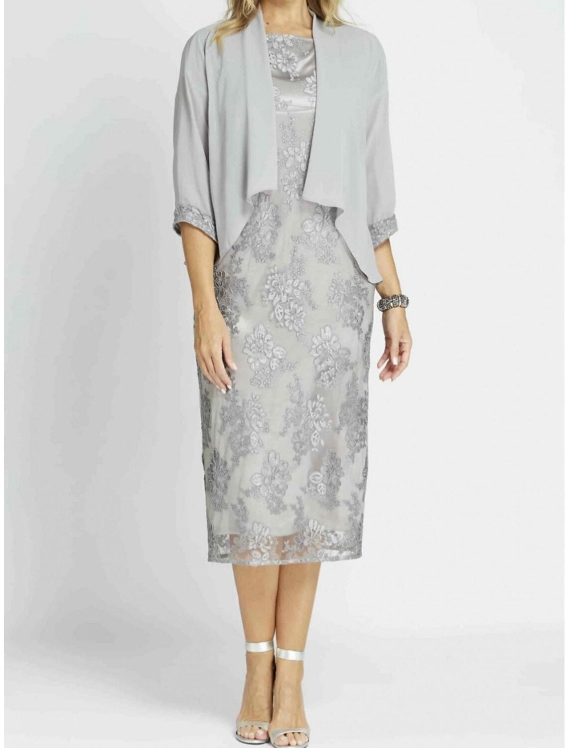 Wholesa Sheath / Column Mother of the Bride Dress Wedding Guest Elegant Petite Scoop Neck Tea Length Chiffon Half Sleeve with Ruching Solid Color