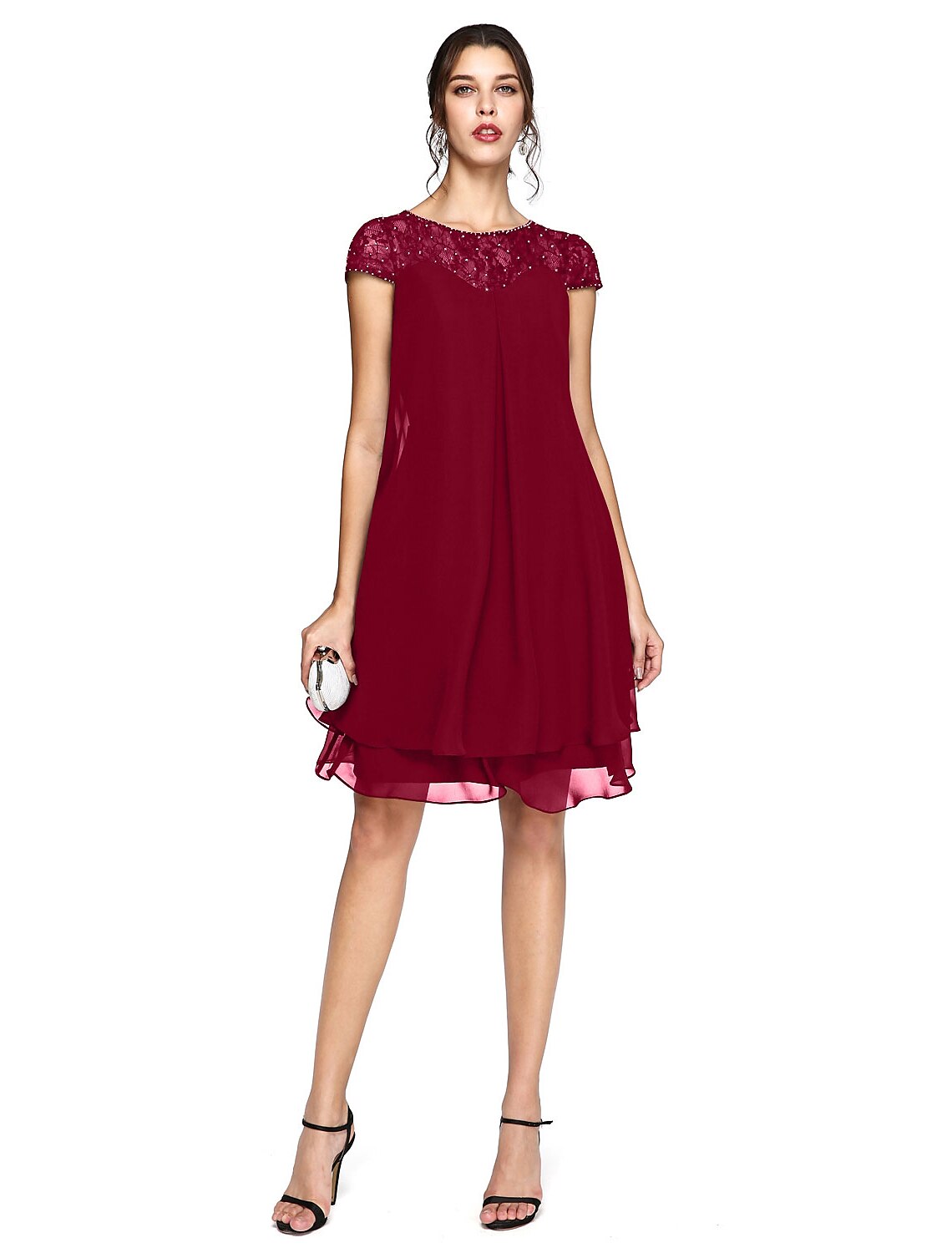 wholesale  A-Line Mother of the Bride Dress Plus Size Elegant Illusion Neck Knee Length Chiffon Lace Short Sleeve with Sequin