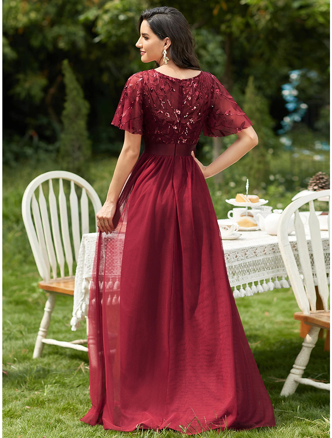 Wholesa A-Line Prom Dresses Vintage Dress Prom Floor Length Short Sleeve Jewel Neck Tulle with Sequin Ruffles Appliques