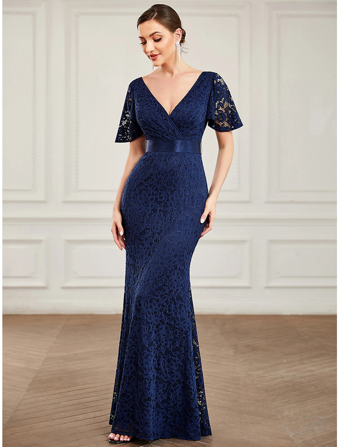 Wholesa Mermaid / Trumpet Evening Gown Vintage Dress Wedding Guest Wedding Party Floor Length Short Sleeve V Neck Lace V Back with Sash / Ribbon
