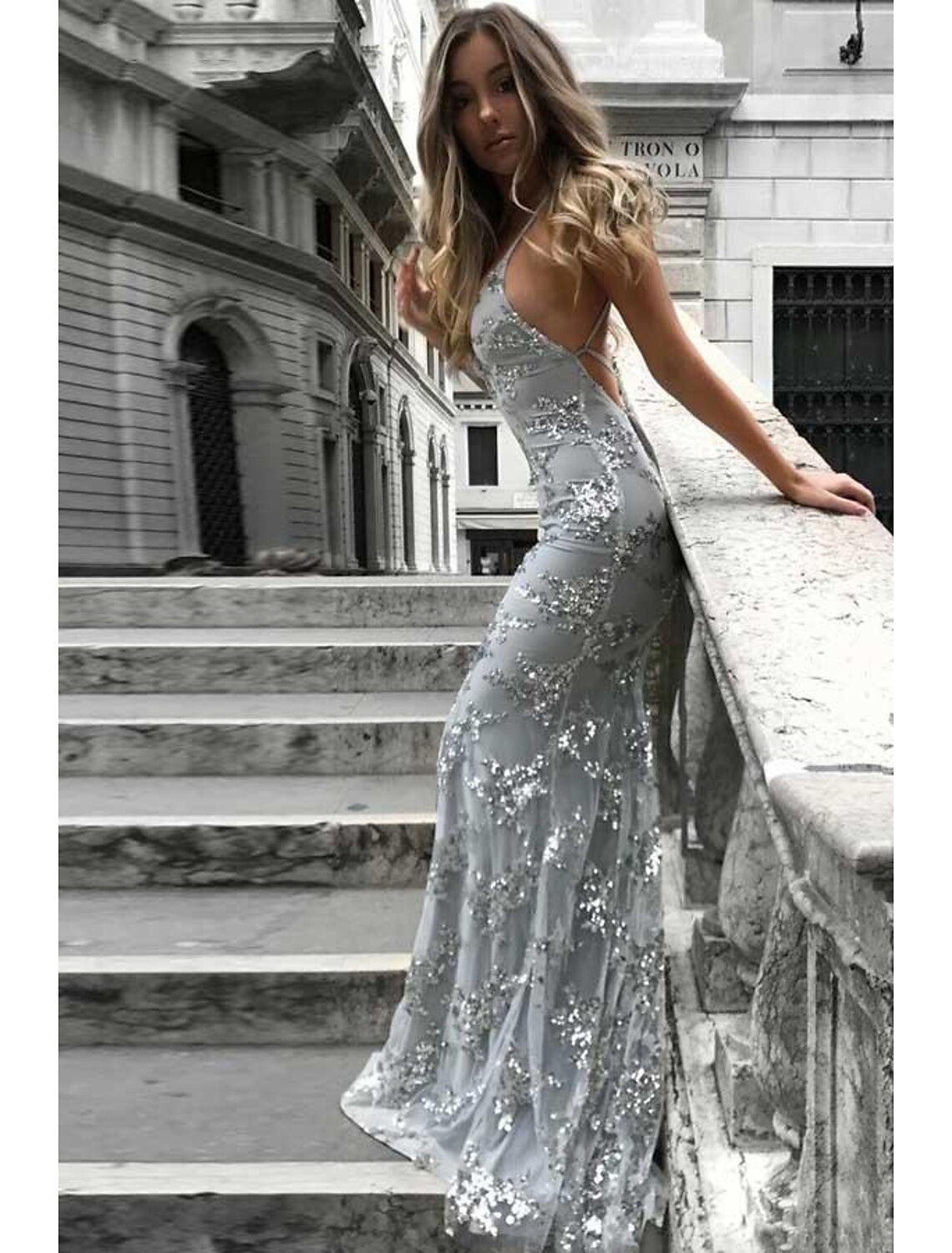 Wholesa Mermaid / Trumpet Prom Dresses Sparkle & Shine Dress Formal Wedding Party Sweep / Brush Train Sleeveless V Neck Lace with Sequin