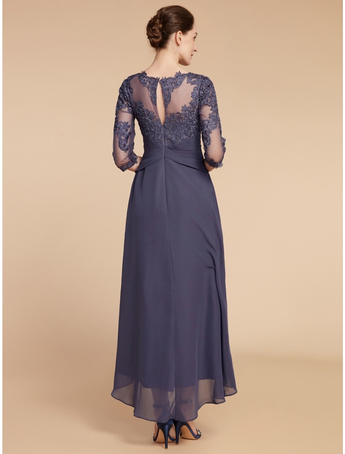 Wholesa  A-Line Mother of the Bride Dress Wedding Guest Elegant Scoop Neck Ankle Length Chiffon Lace 3/4 Length Sleeve with Ruching Solid Color