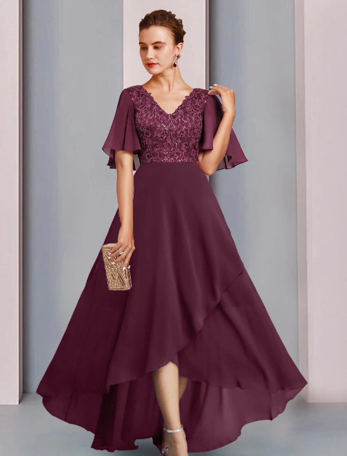 wholesale  Sheath / Column Mother of the Bride Dress Wedding Guest Party Elegant V Neck Asymmetrical Chiffon Lace Half Sleeve with Pleats Sequin