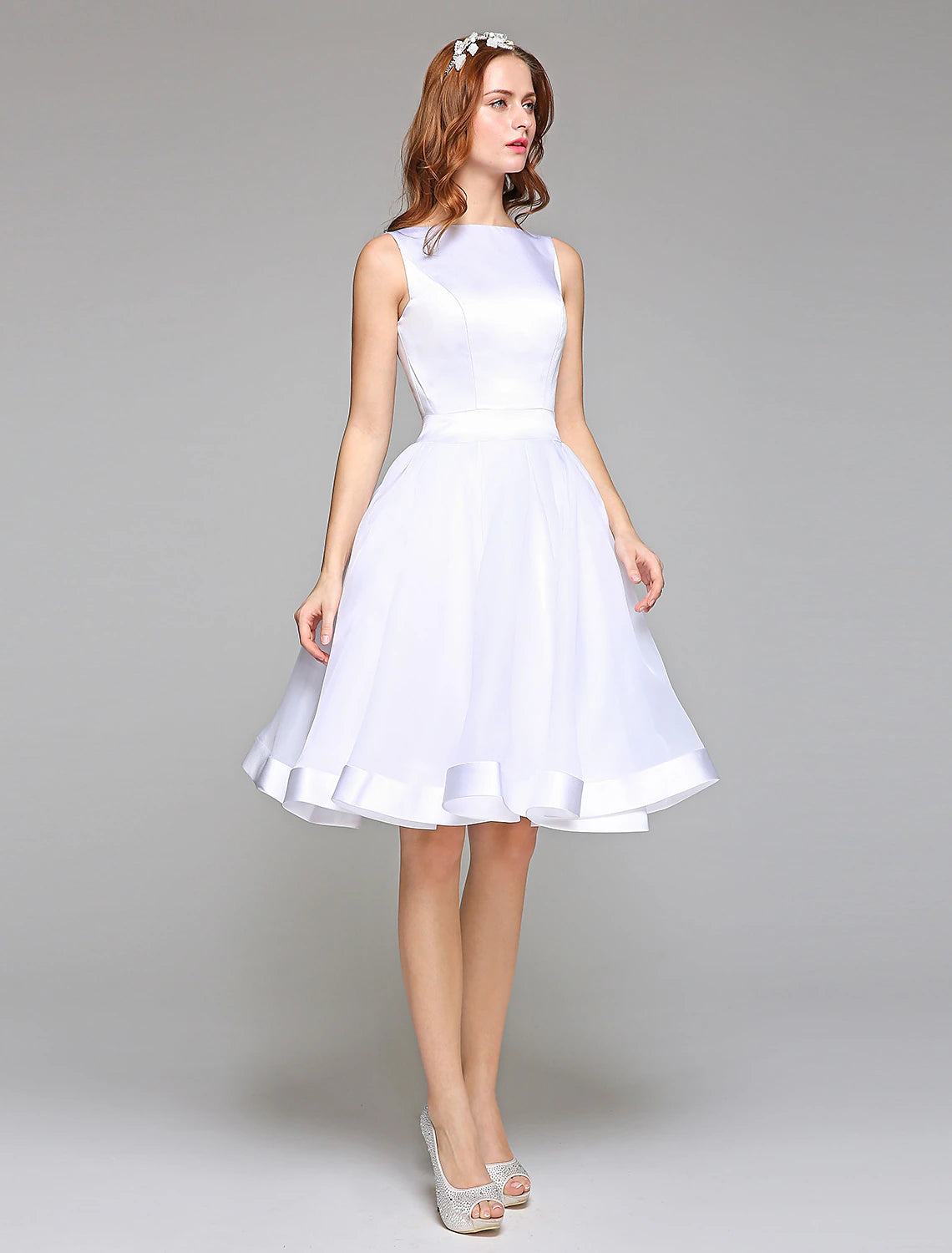 Wholesa  Wedding Dresses A-Line Bateau Neck Regular Straps Knee Length Satin Bridal Gowns With Bowknot Sash / Ribbon