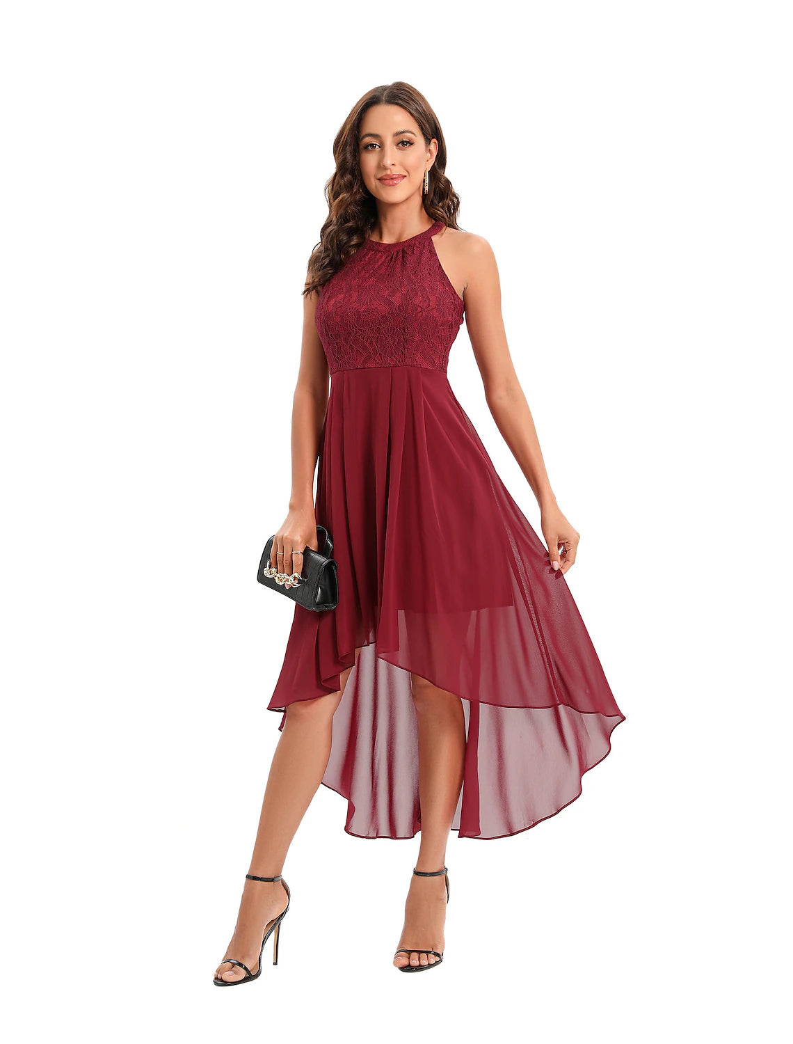 wholesa A-Line Minimalist Elegant Party Wear Cocktail Party Dress Halter Neck Sleeveless Asymmetrical Nylon with Pleats