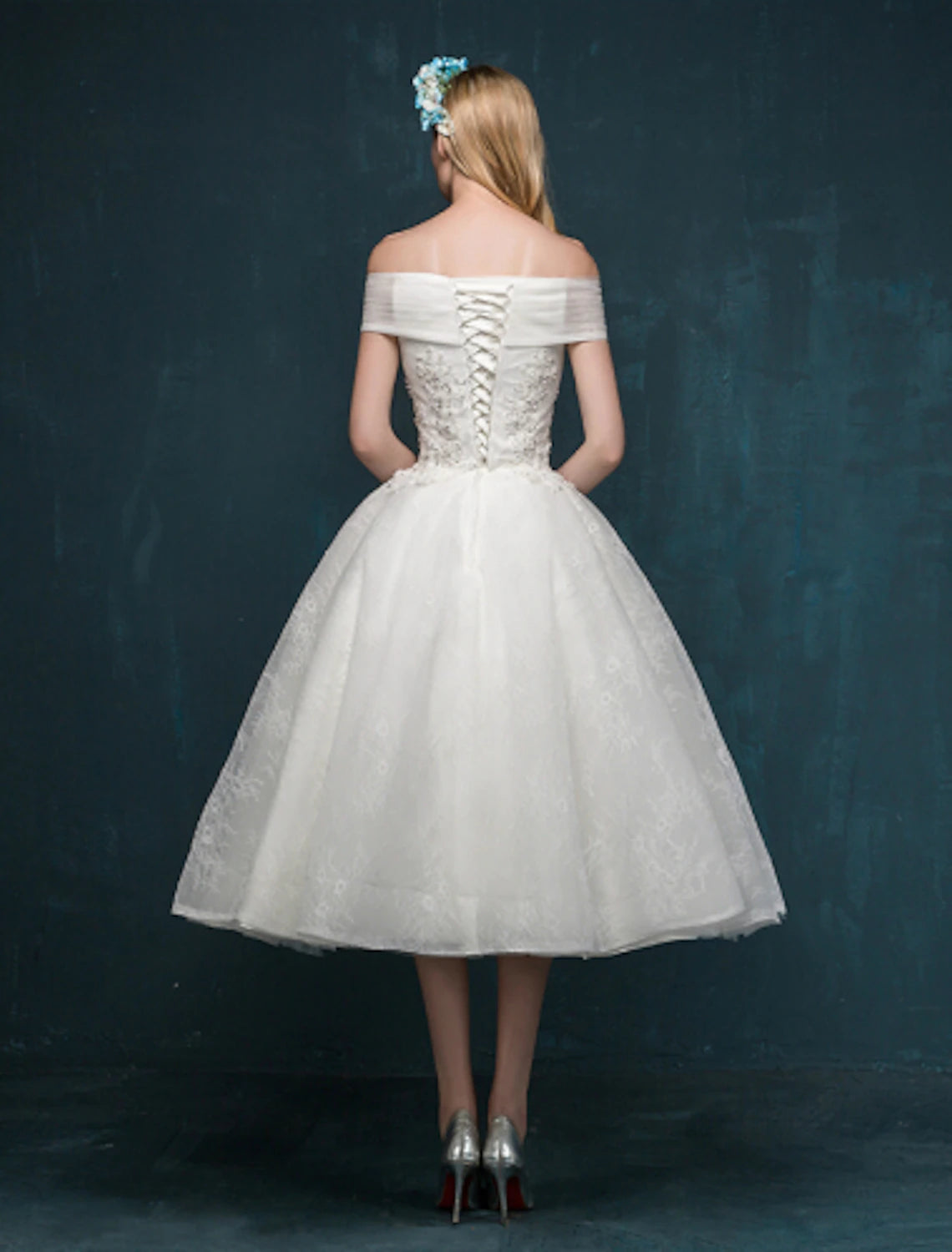 wholesale  Reception Little White Dresses Wedding Dresses A-Line Off Shoulder Cap Sleeve Tea Length Lace Bridal Gowns With Beading Sequin