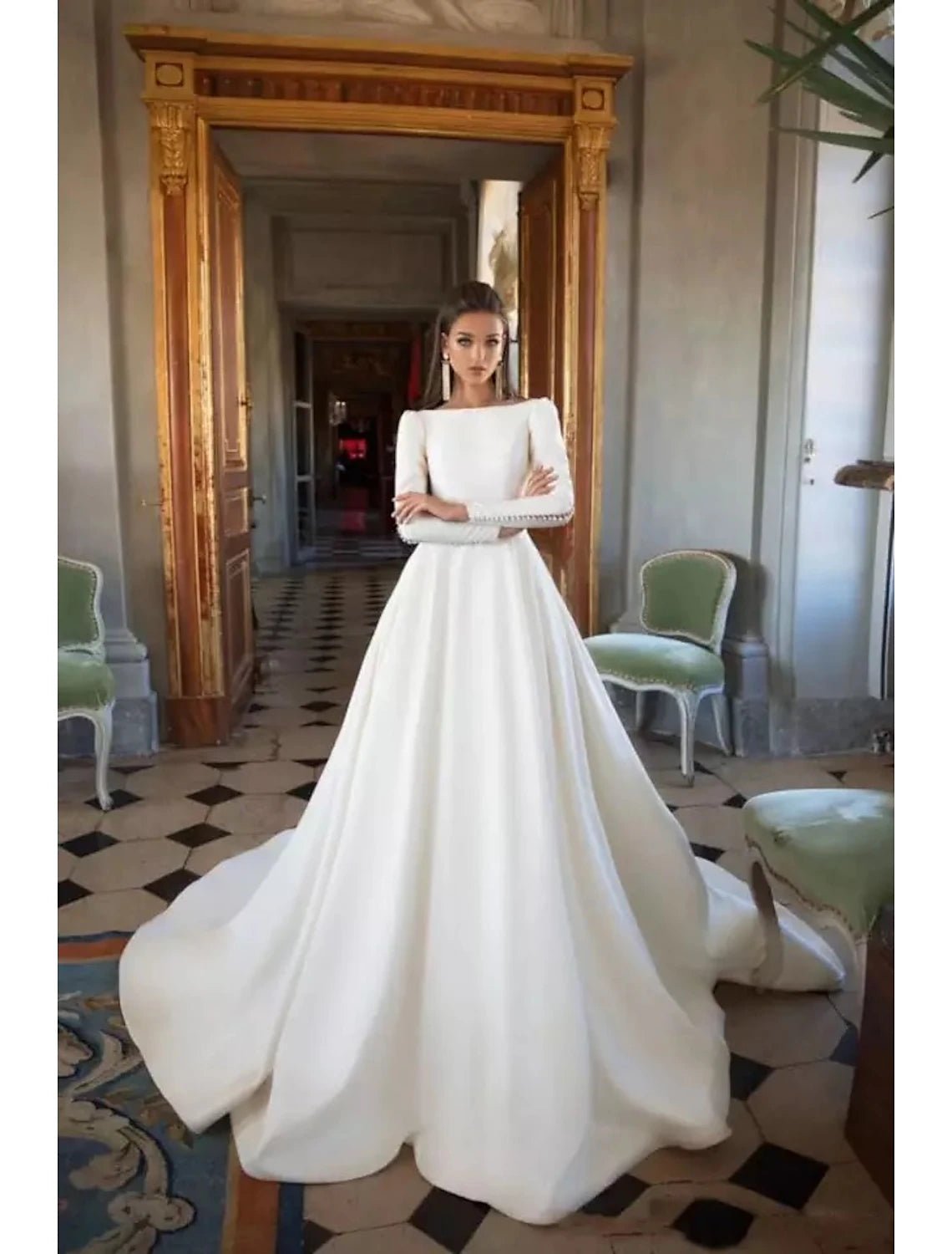wholesale  Formal Fall Wedding Dresses Ball Gown Scoop Neck Long Sleeve Court Train Satin Bridal Gowns With Buttons Pleats