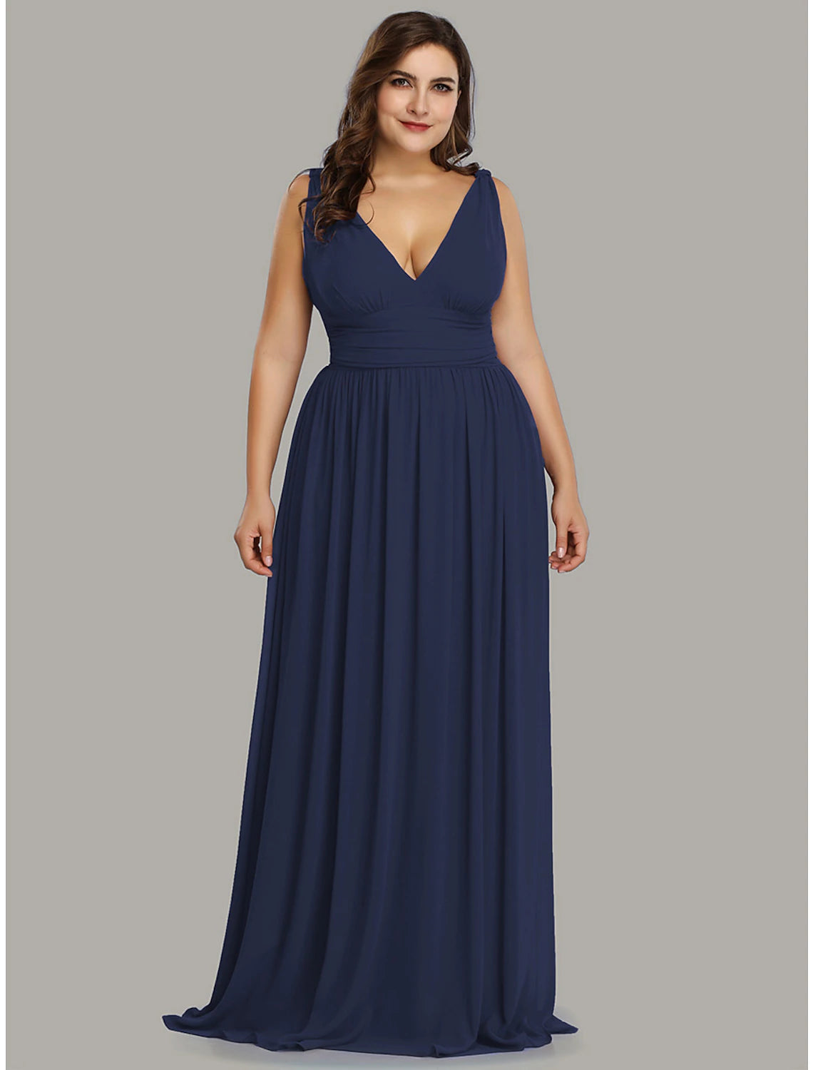 Wholesa A-Line Plus Size Wedding Guest Formal Evening Dress V Neck V Back Sleeveless Floor Length Chiffon with Pleats