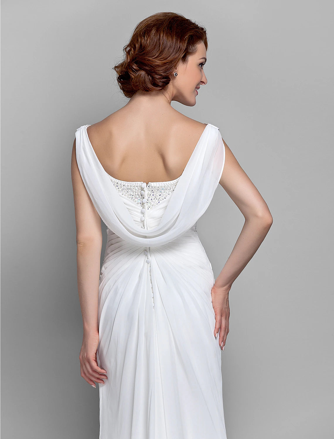 wholesale  Sheath / Column Mother of the Bride Dress Fall Wedding Guest Dresses Vintage Inspired Cowl Neck Floor Length Chiffon Sleeveless with Buttons Criss Cross Crystals