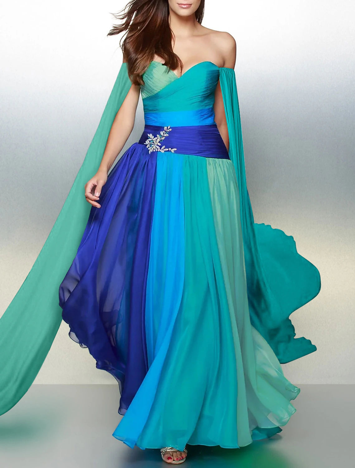 Wholesa A-Line Wedding Guest Dresses Color Block Dress Formal Evening Party Court Train Sleeveless Off Shoulder Chiffon with Rhinestone