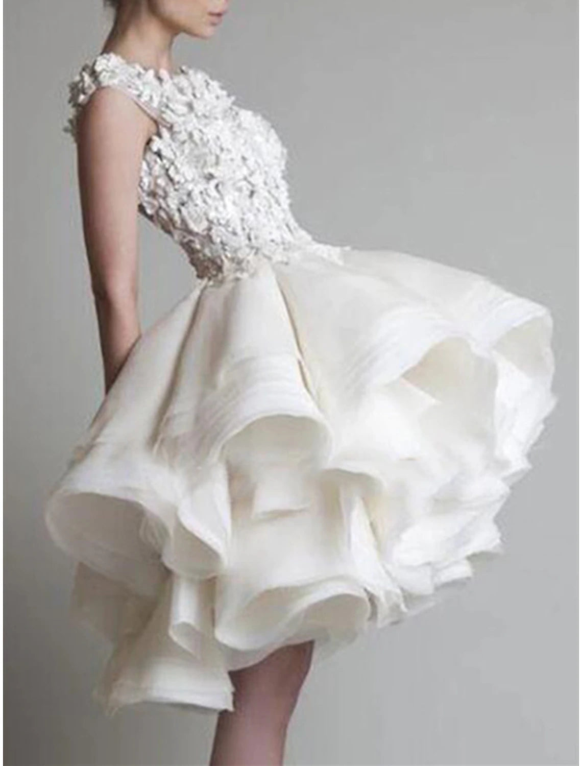 wholesale  Ball Gown Floral Little White Dresses Puffy Homecoming Cocktail Party Valentine's Day Dress Jewel Neck Sleeveless Short / Mini Organza with Tier Appliques Shouder Flower