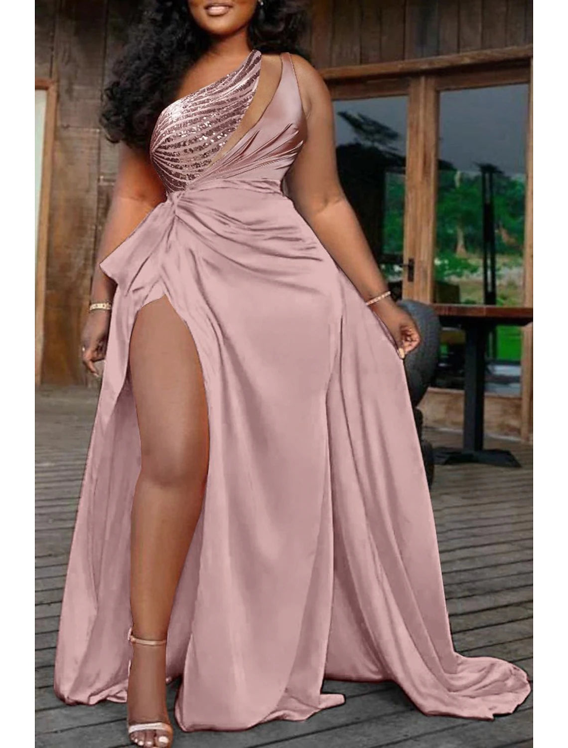 Wholesa Mermaid Party Dress Plus Size Curve Formal Dresses Plus Size Dress Formal Wedding Guest Sweep / Brush Train Sleeveless One Shoulder Charmeuse with Sequin Slit