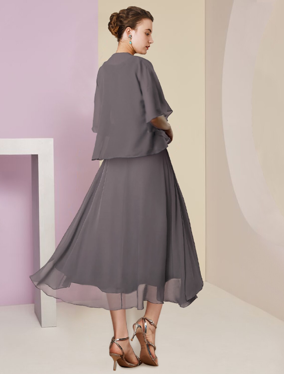 wholesale  Two Piece A-Line Mother of the Bride Dress Formal Wedding Guest Elegant Scoop Neck Tea Length Chiffon Lace Half Sleeve Wrap Included with Beading Sequin Appliques