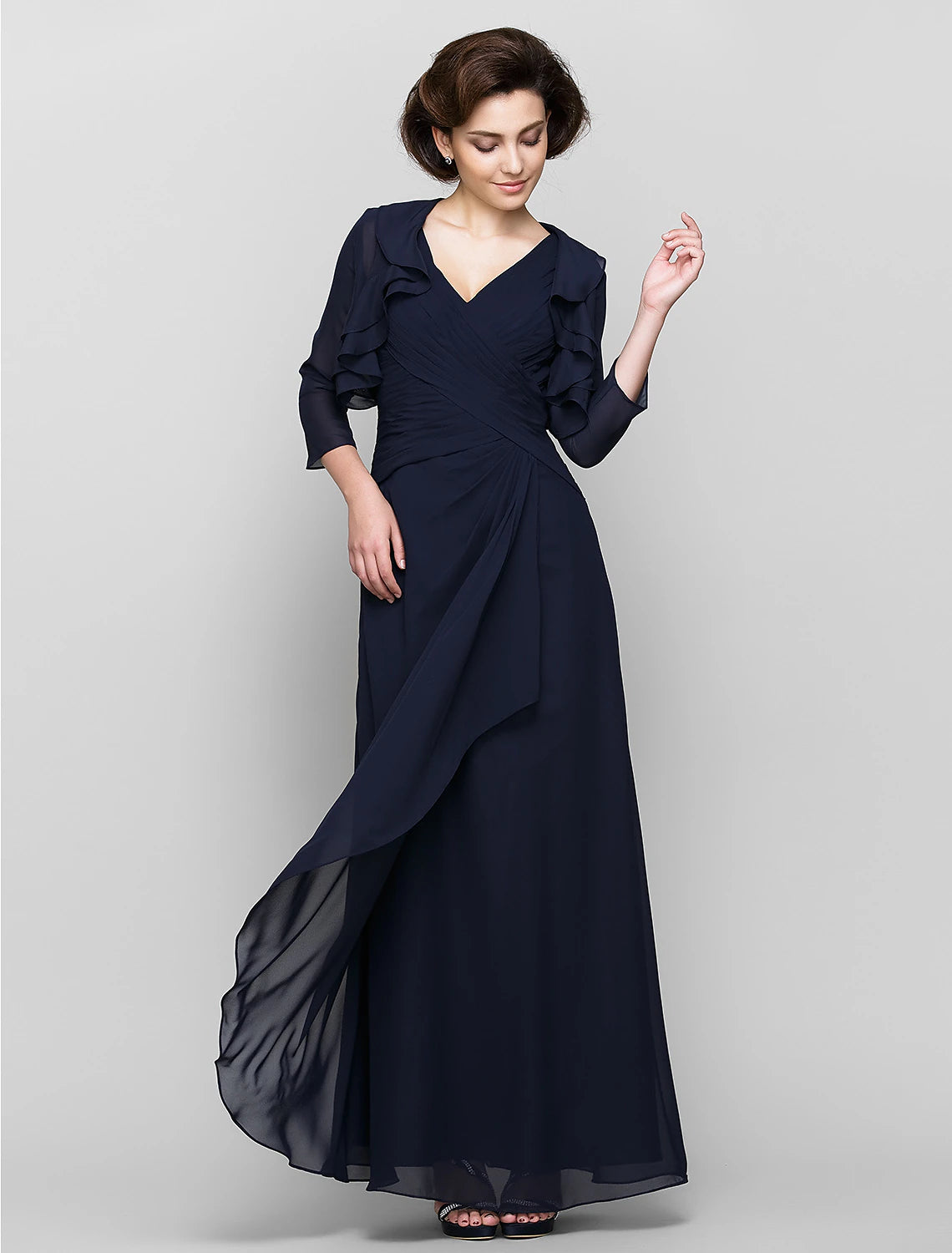 wholesale  Sheath / Column Mother of the Bride Dress Convertible Dress V Neck Floor Length Chiffon 3/4 Length Sleeve with Criss Cross Cascading Ruffles