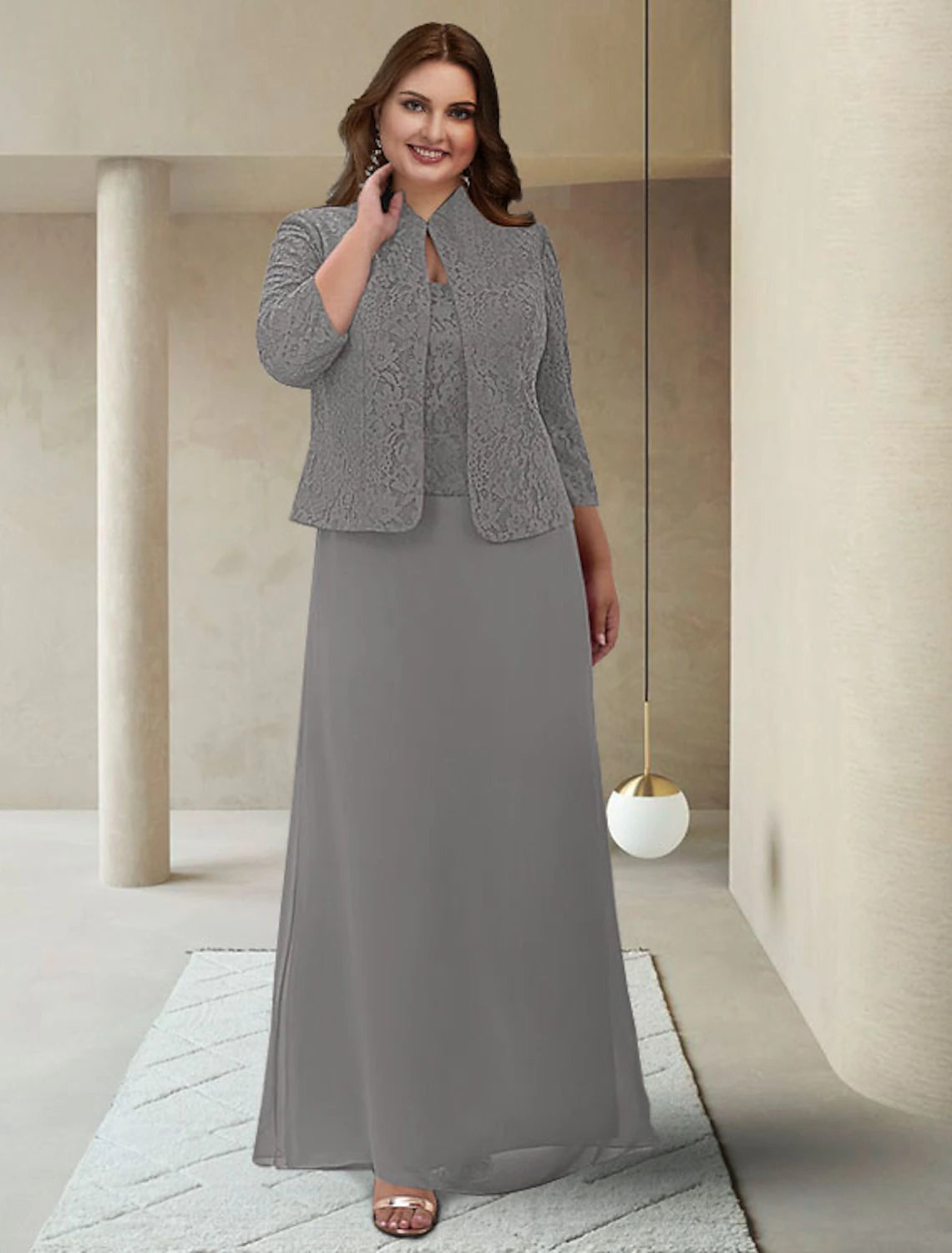 wholesale  Two Piece Sheath / Column Mother of the Bride Dress Plus Size Elegant Jewel Neck Ankle Length Chiffon Lace 3/4 Length Sleeve Wrap Included with Applique