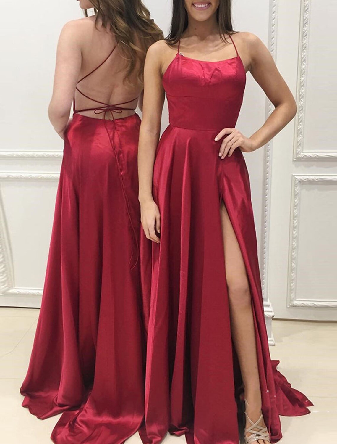 Wholesa  A-Line Evening Gown Sexy Dress Formal Wedding Guest Sweep / Brush Train Sleeveless Spaghetti Strap Charmeuse with Slit