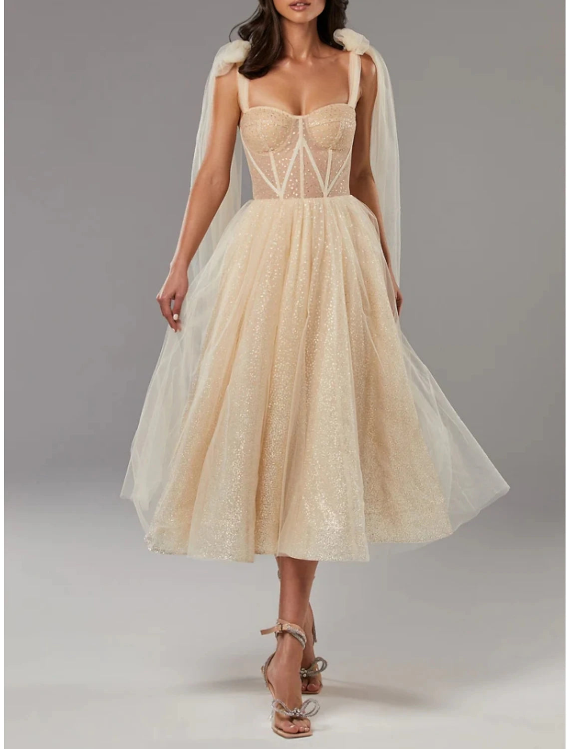 Wholesa  A-Line Prom Dresses Elegant Dress Formal Tea Length Sleeveless Sweetheart Tulle with Pleats Sequin