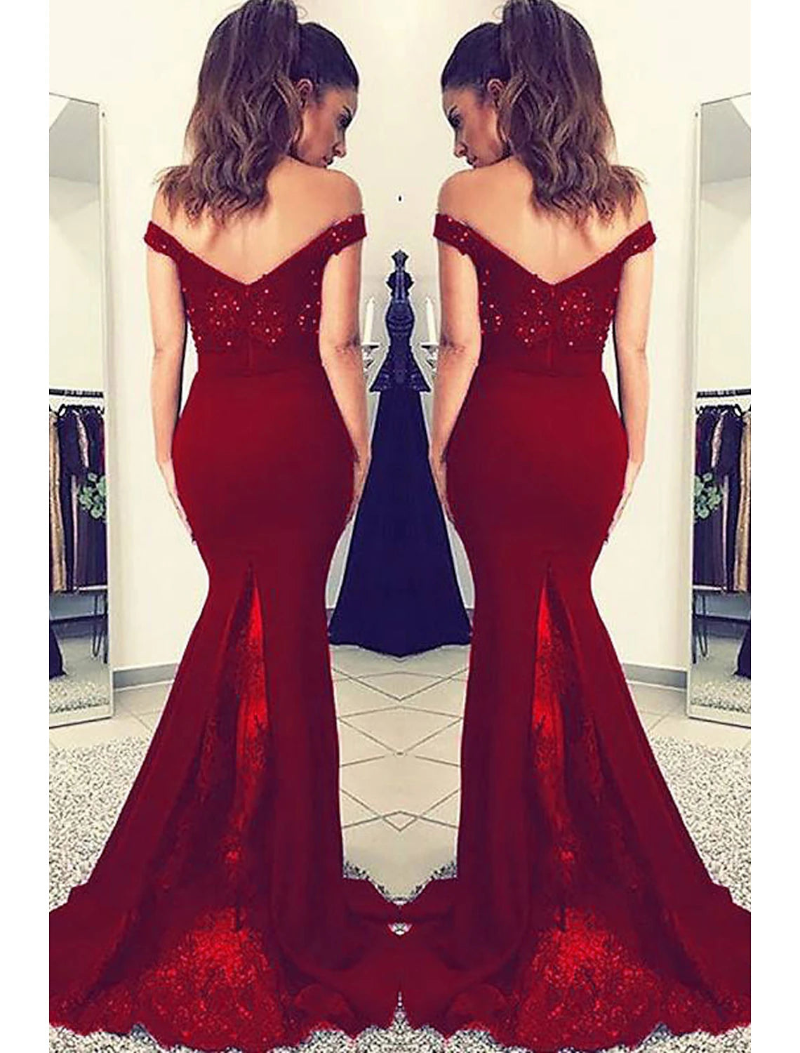 wholesale  Mermaid / Trumpet Prom Dresses Sexy Dress Formal Prom Court Train Sleeveless Off Shoulder Stretch Fabric V Back with Beading Appliques
