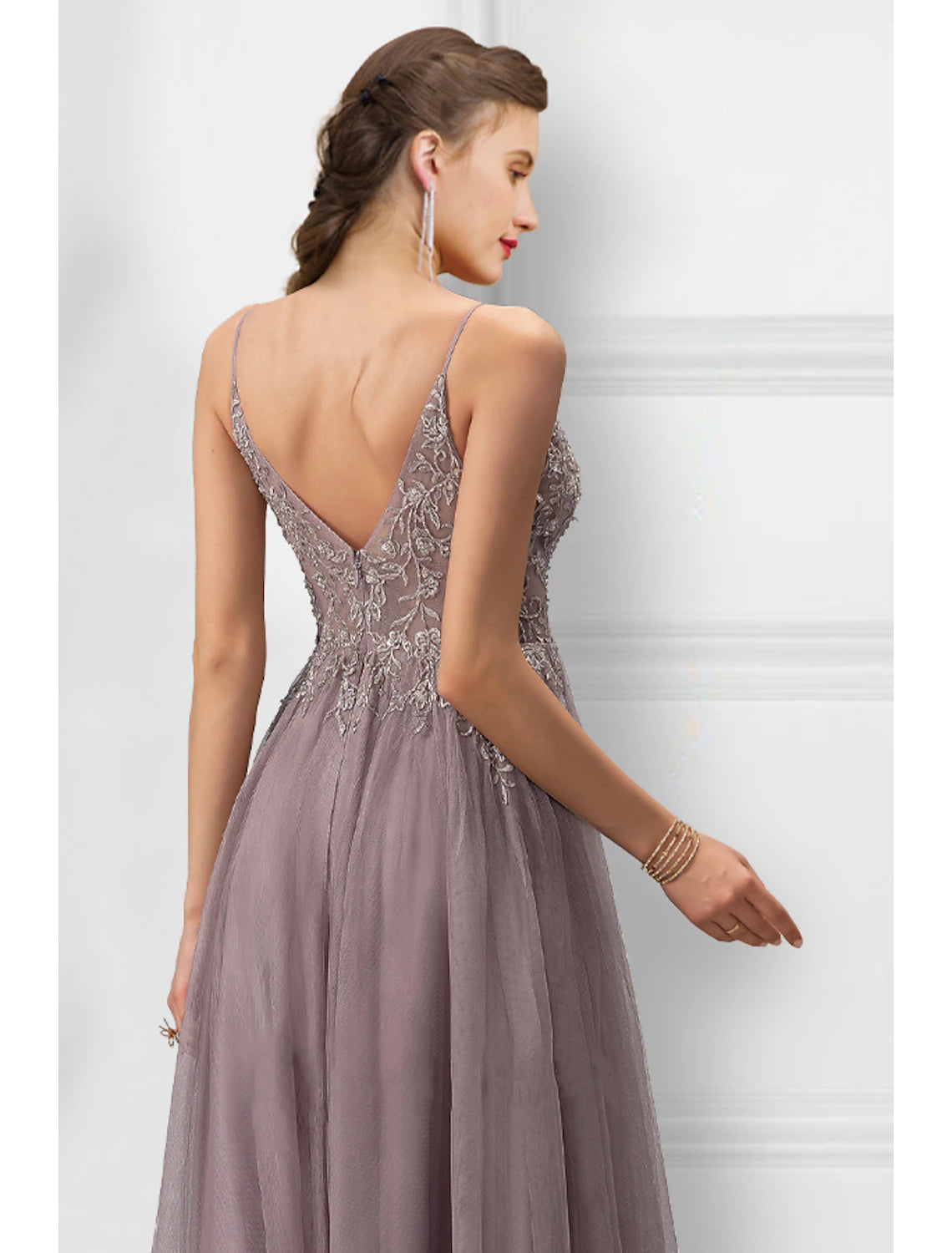 Wholesa A-Line Prom Dresses Floral Dress Party Wear Prom Floor Length Sleeveless Spaghetti Strap Tulle with Slit