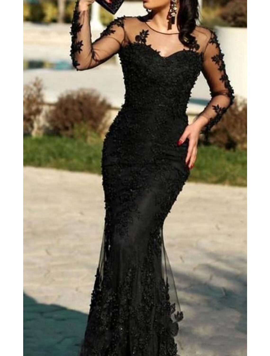 Wholesa Mermaid / Trumpet Evening Gown Elegant Dress Wedding Guest Formal Evening Sweep / Brush Train Long Sleeve Illusion Neck Polyester with Lace Insert Appliques
