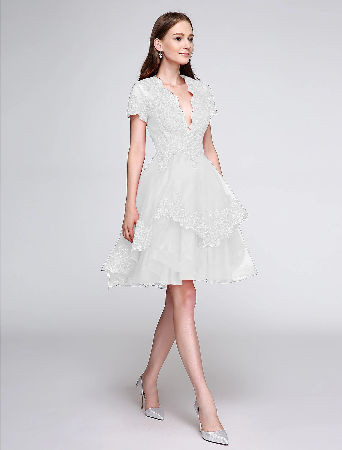 wholesa Ball Gown Cute Dress Cocktail Party Prom Knee Length Short Sleeve Plunging Neck Organza with Buttons Appliques