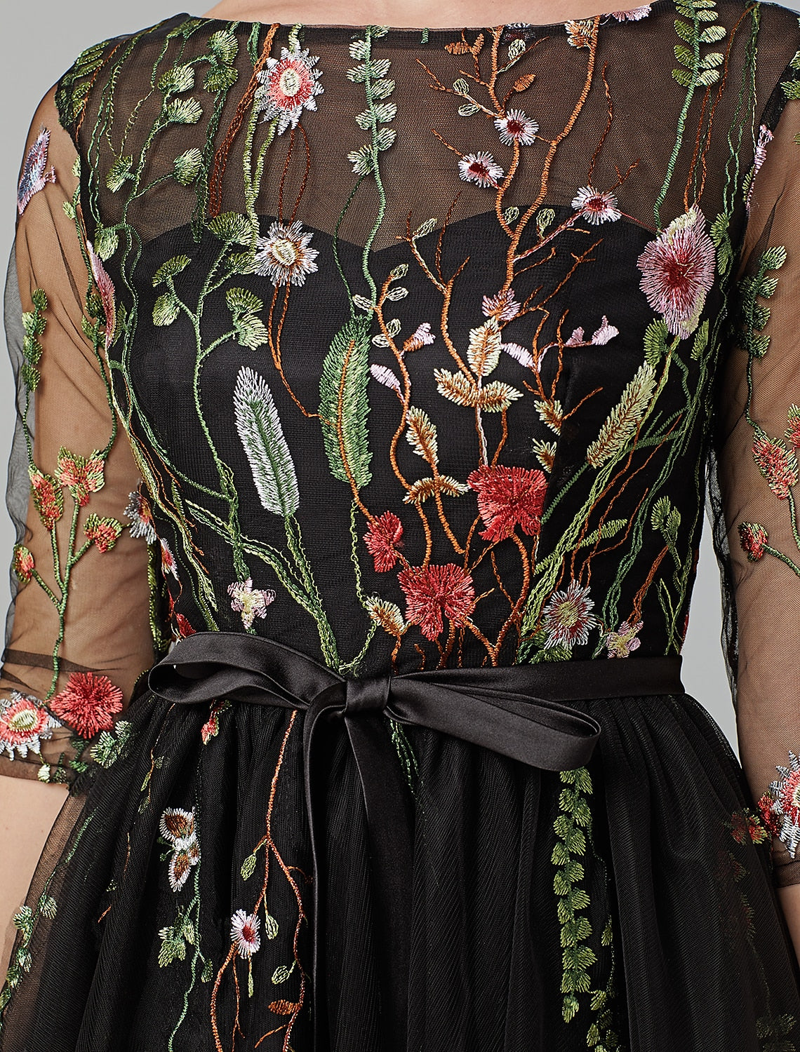 wholesale  A-Line Black Dress Vintage Wedding Guest Cocktail Party Knee Length Long Sleeve Illusion Neck Wednesday Addams Family Tulle with Embroidery Appliques