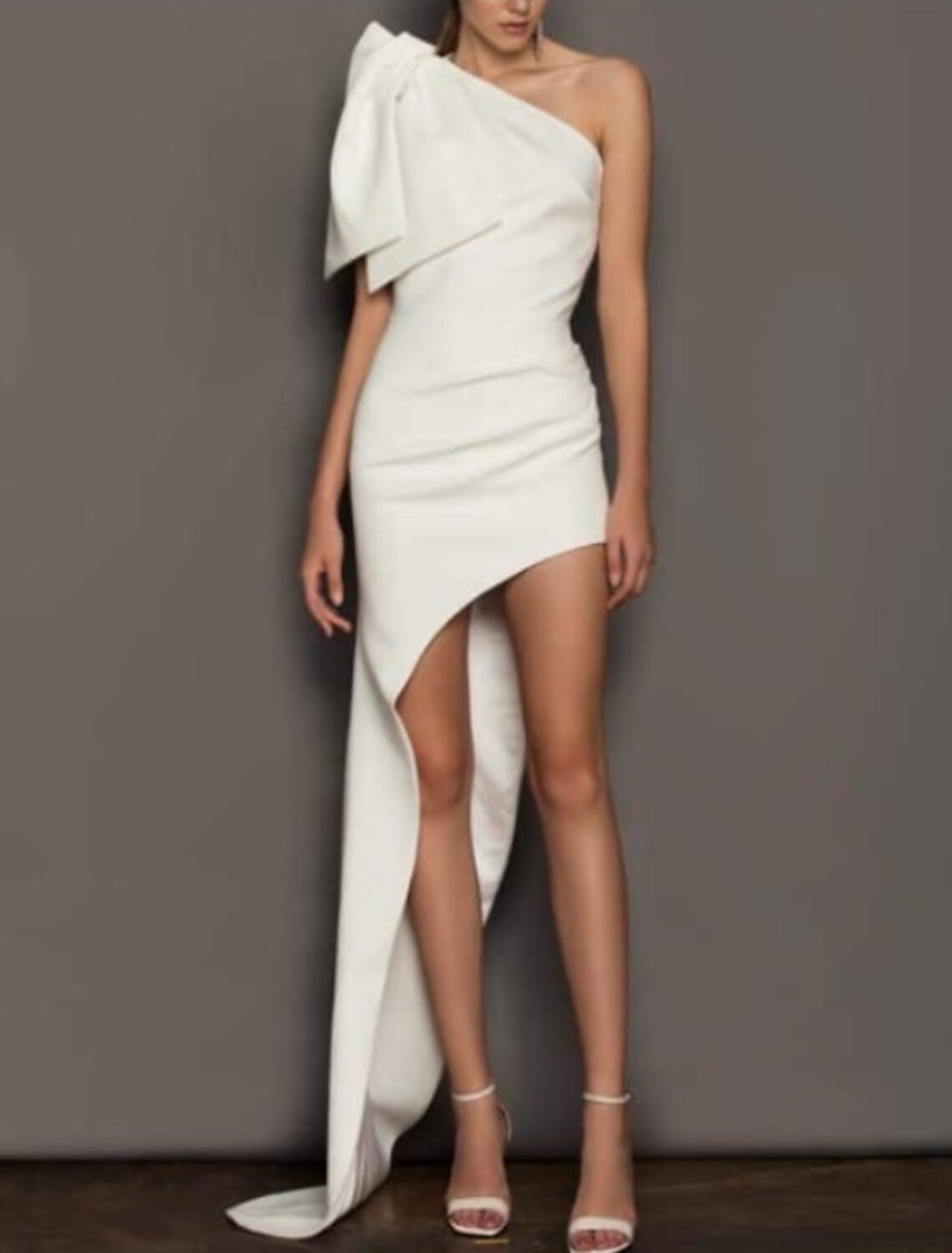 Wholesa Reception Wedding Dresses Little White Dresses Sheath / Column One Shoulder Sleeveless Asymmetrical Satin Bridal Gowns With Bow(s) Ruched Summer Fall Wedding Party