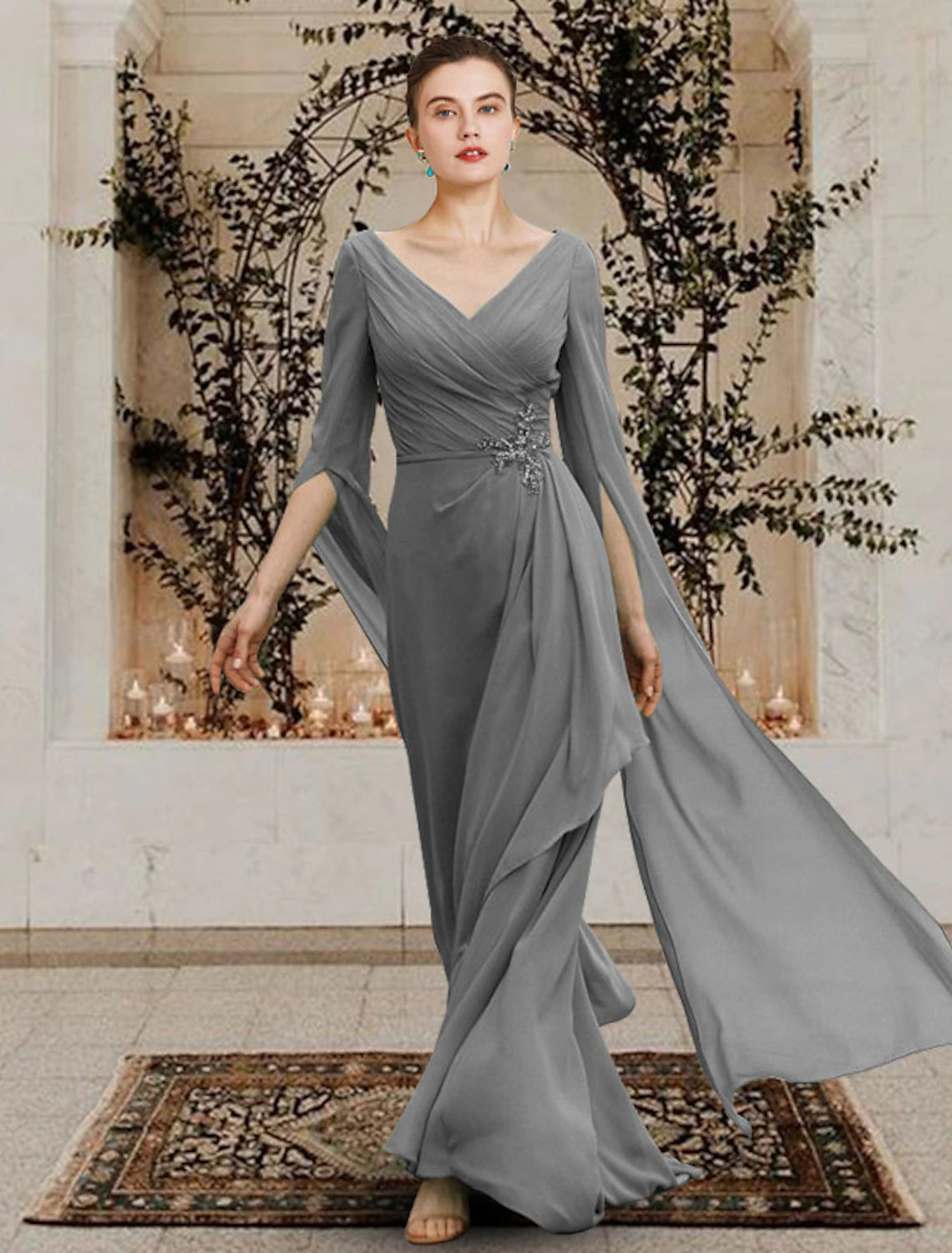 wholesale  Sheath / Column Mother of the Bride Dress Elegant V Neck Floor Length Chiffon Half Sleeve with Beading Side-Draped