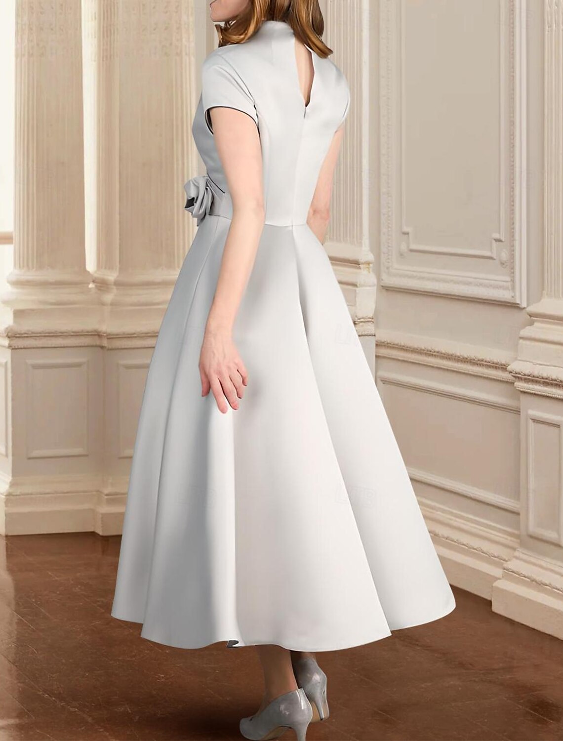 Wholesa A-Line Mother of the Bride Dress Kentucky Derby Dresses Formal Wedding Guest Elegant V Neck Tea Length Italy Satin Cap Sleeve with Ruching Flower Solid Color