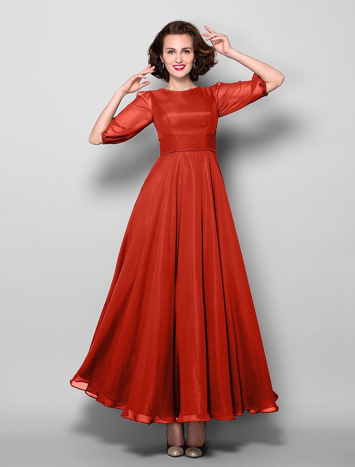 wholesale  A-Line Mother of the Bride Dress Elegant Jewel Neck Ankle Length Chiffon Half Sleeve with Sash / Ribbon Ruched