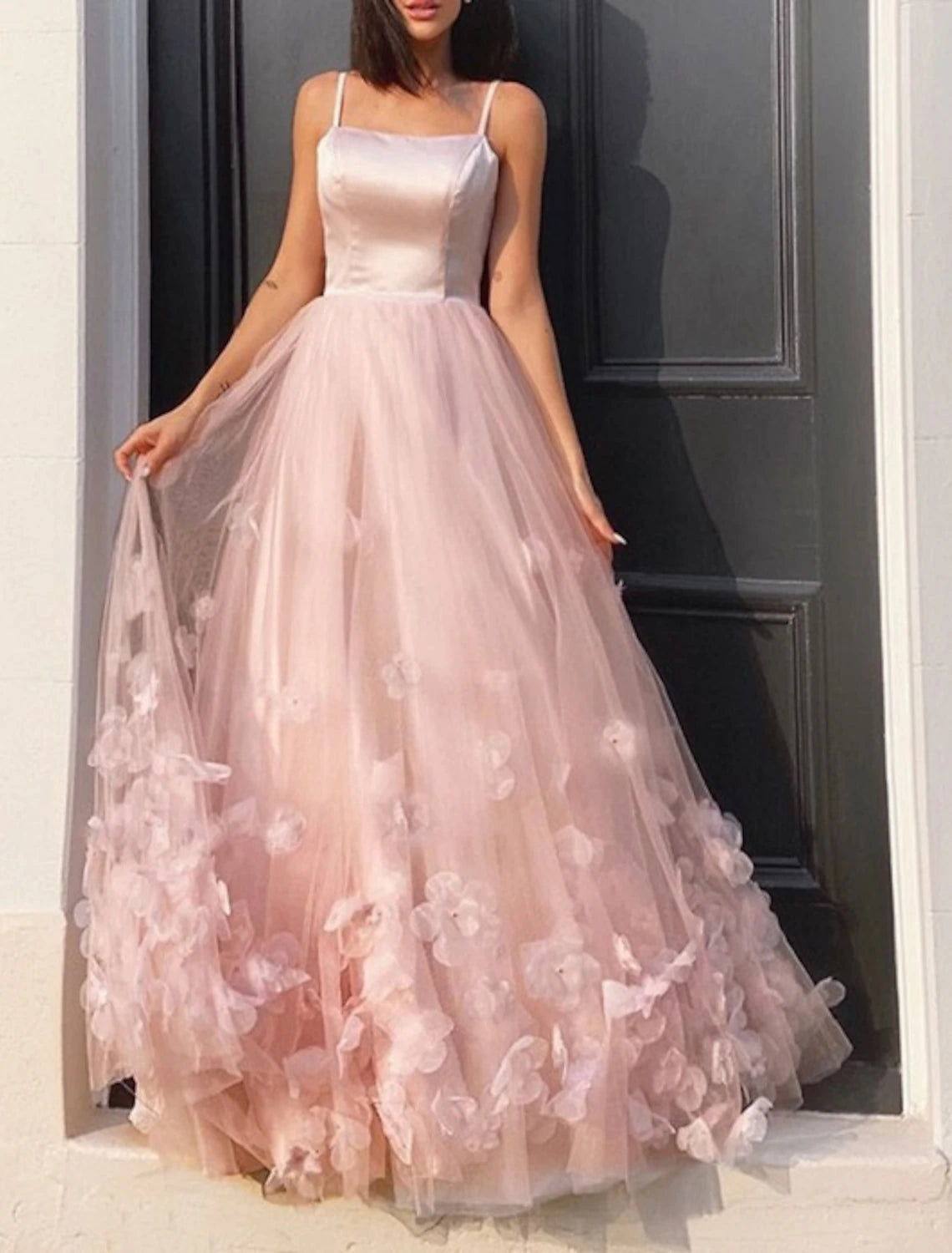 Wholesa A-Line Prom Party Dress Floral Dress Performance Sweet 16 Floor Length Sleeveless Spaghetti Strap Tulle with Pleats Appliques